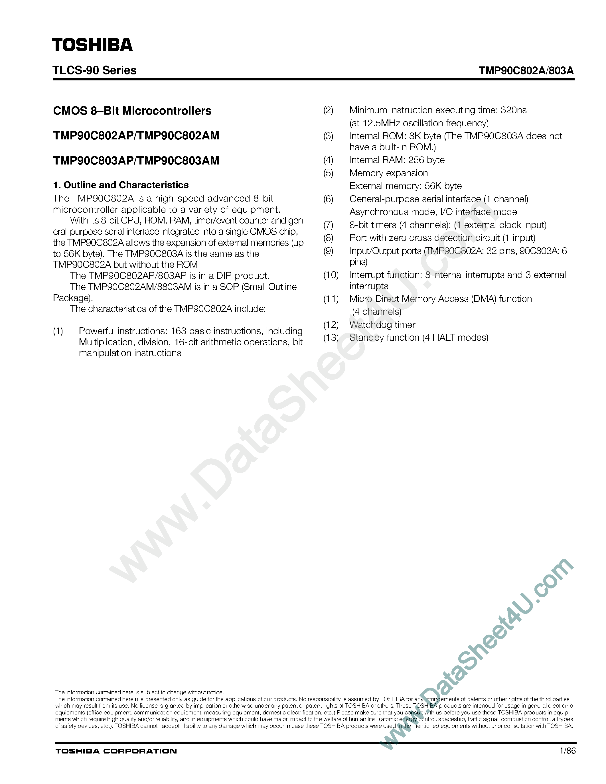 Даташит TMP90C802A - (TMP90C802A / TMP90C803A) CMOS 8-Bit Microcontrollers страница 1