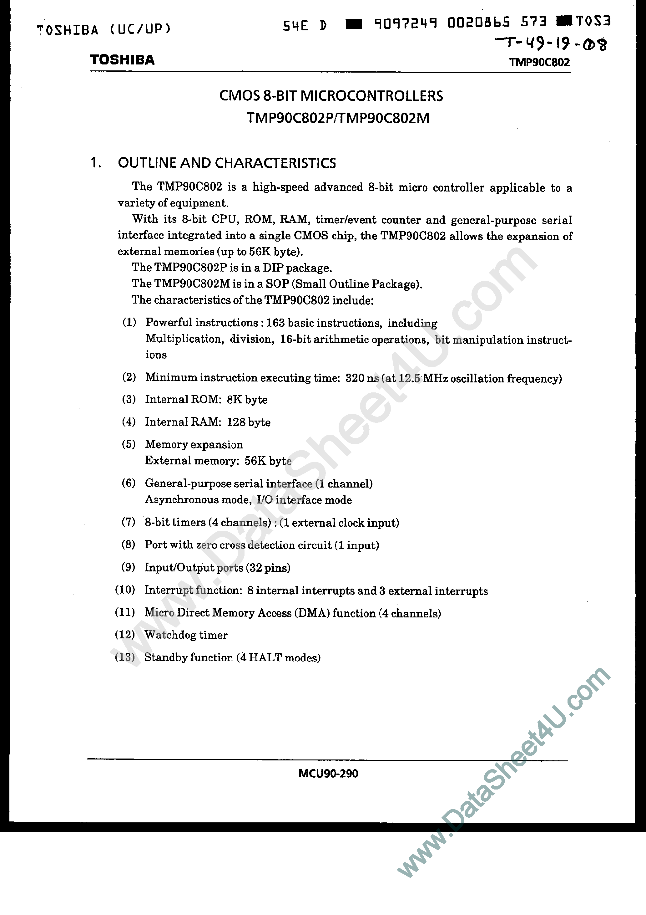 Даташит TMP90C802M - (TMP90C802P / TMP90C802M) CMOS 8-Bit Microcontrollers страница 1