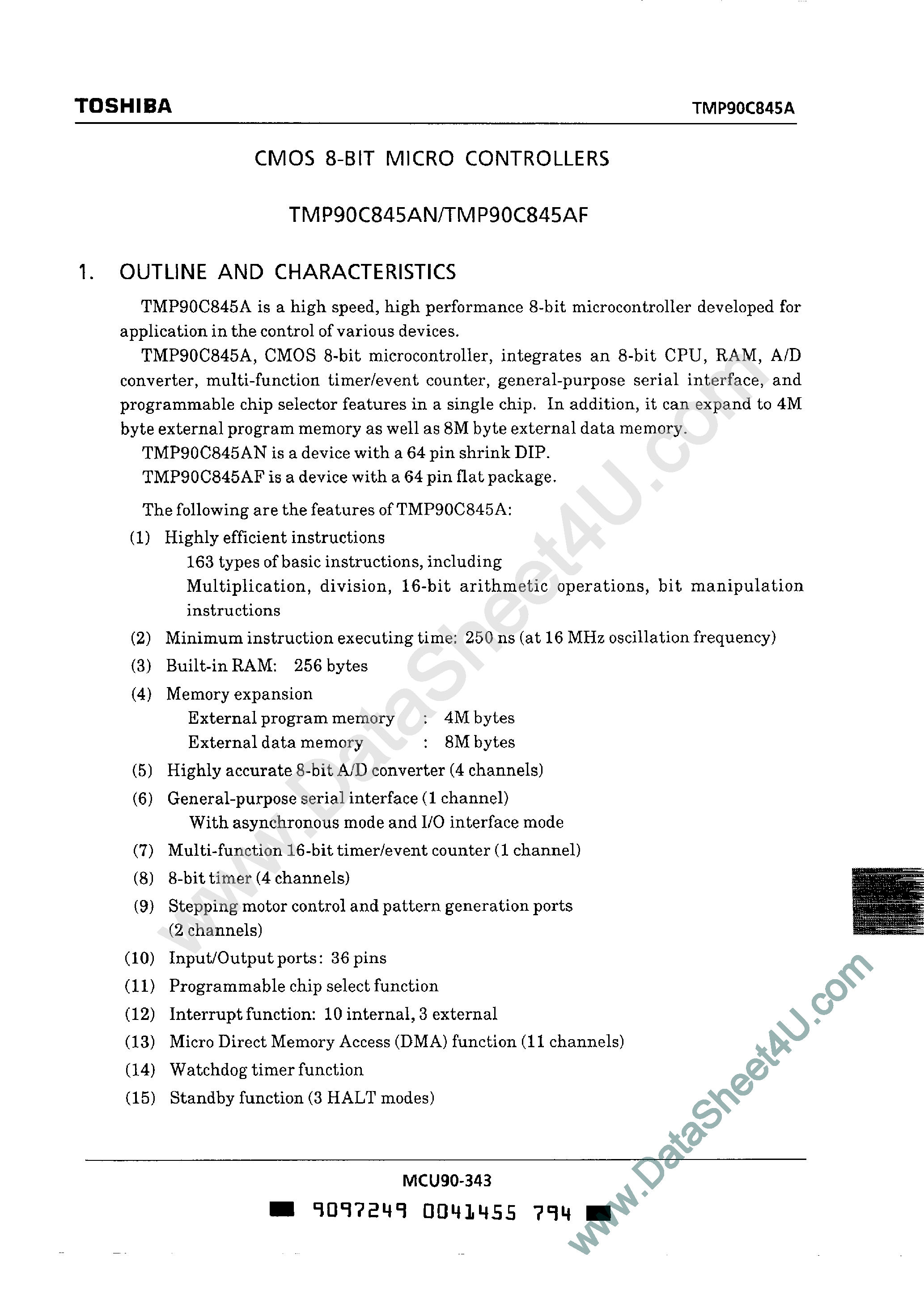 Даташит TMP90C845A - CMOS 8-Bit Microcontrollers страница 1