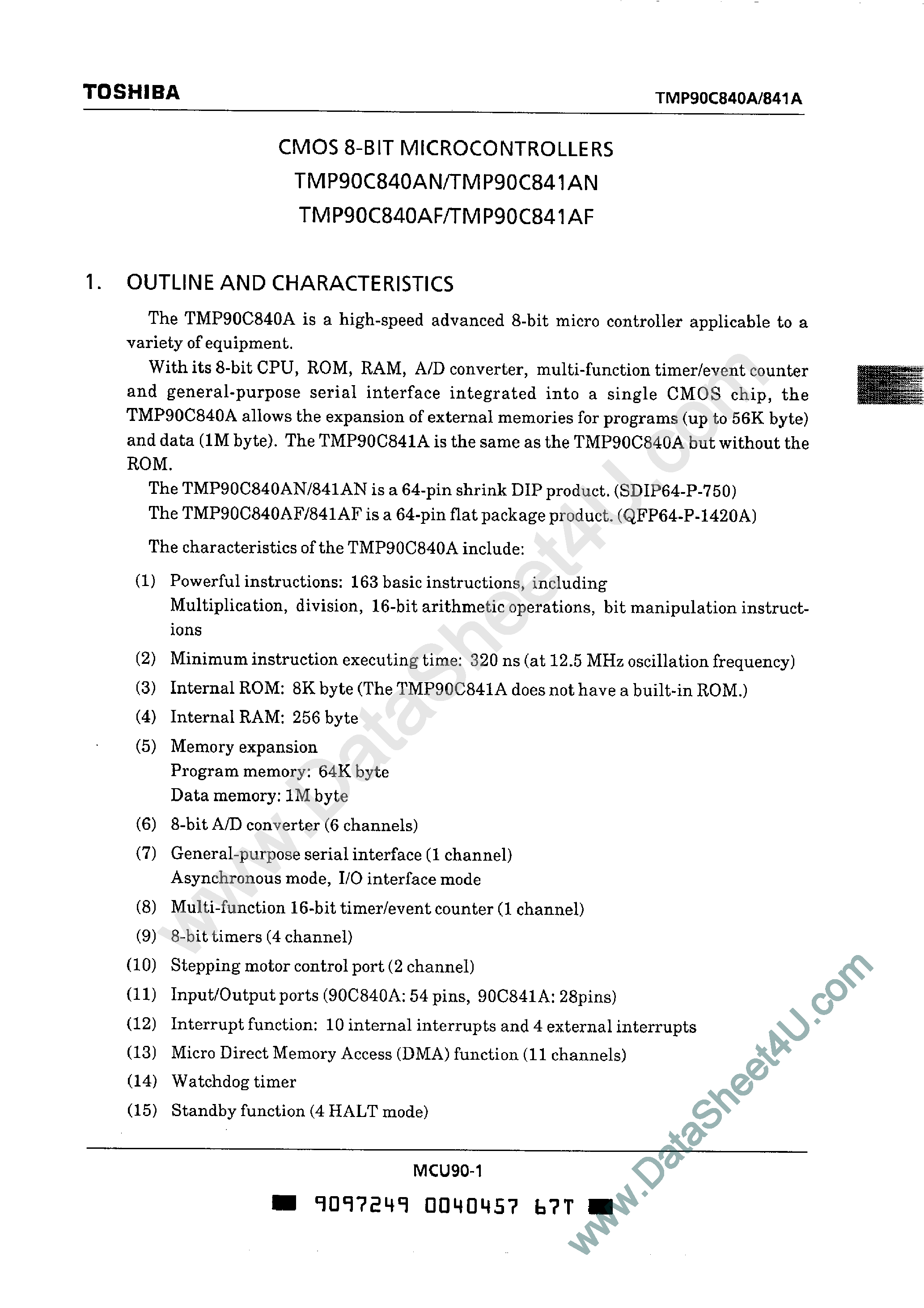 Даташит TMP90C840A - (TMP90C840A / TMP90C841A) CMOS 8-Bit Microcontrollers страница 1