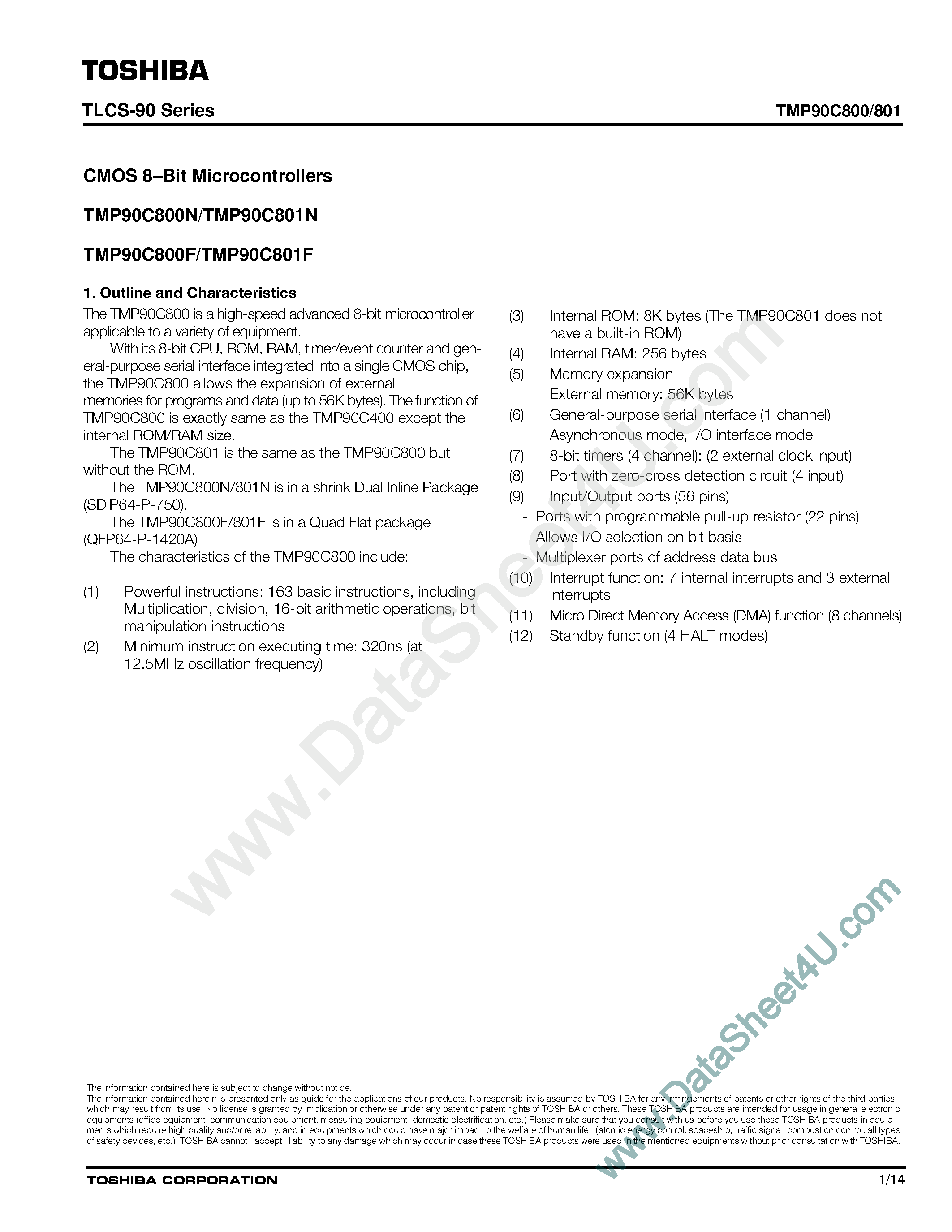 Даташит TMP90C800 - (TMP90C800 / TMP90C801) CMOS 8-Bit Microcontrollers страница 1