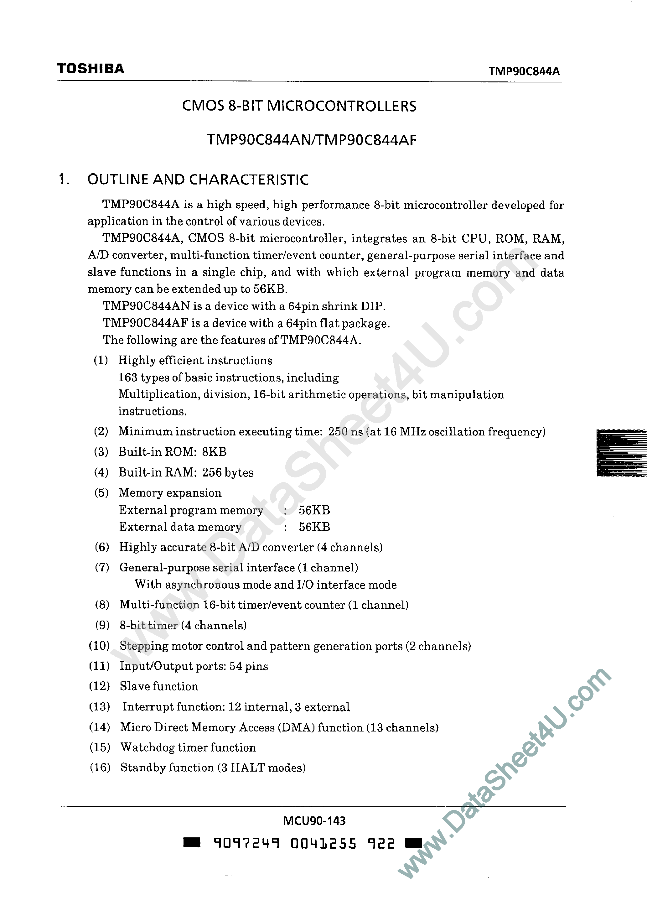 Даташит TMP90C844A - CMOS 8-Bit Microcontrollers страница 1