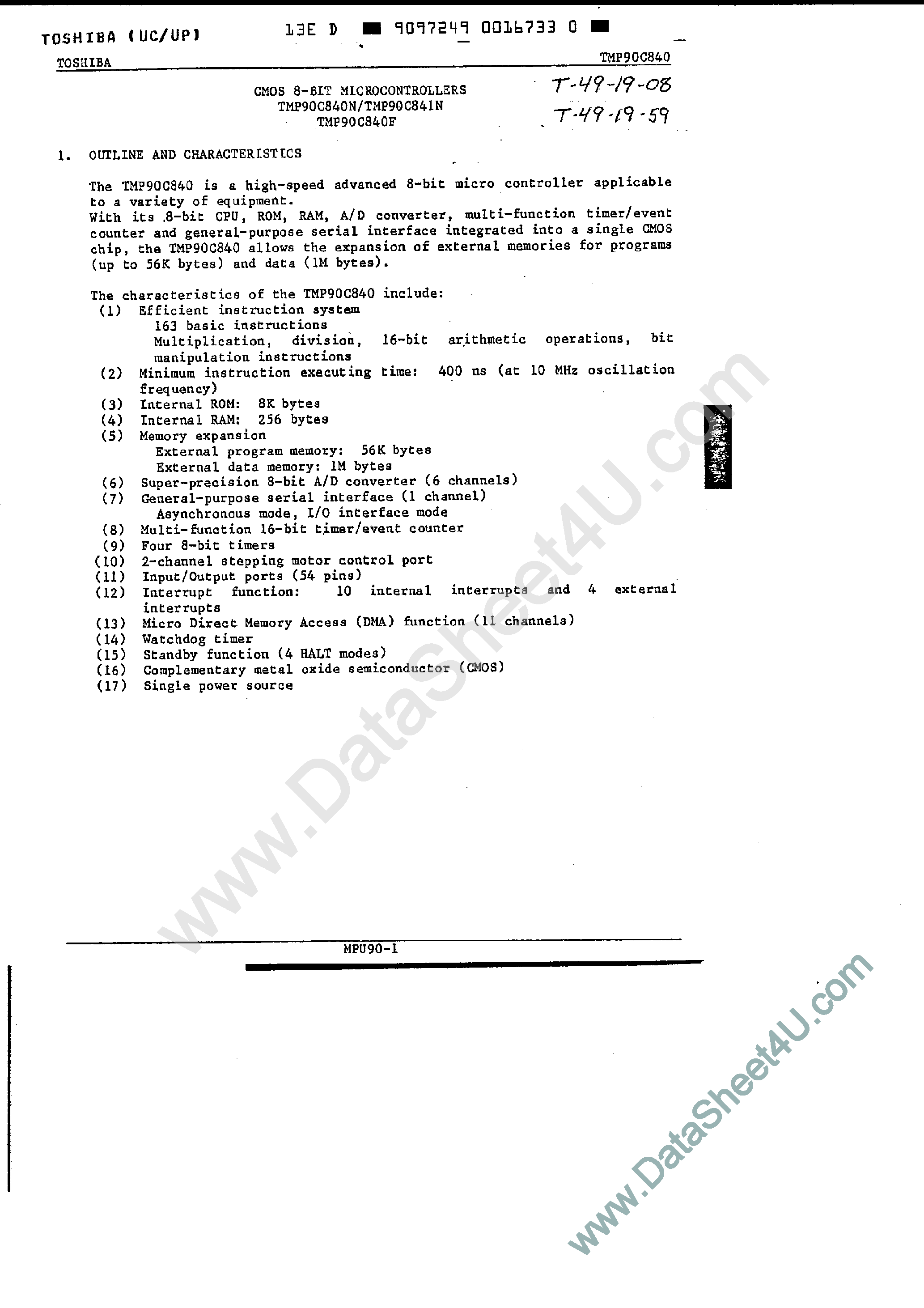 Datasheet TMP90C840F - (TMP90C840x) CMOS 8-Bit Microcontrollers page 1