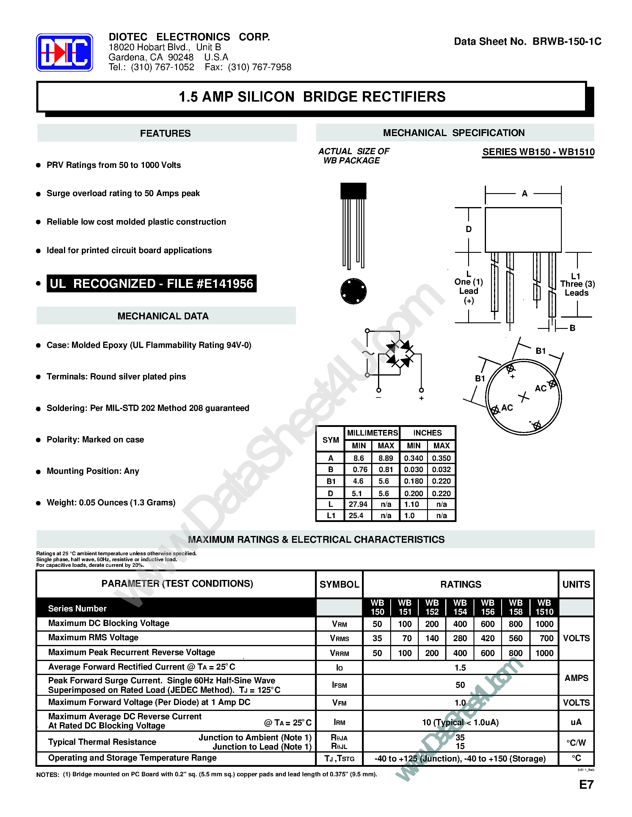 Datasheet WB150 - (WB150 - WB1510) 1.5 Amp Silicon Bridge Rectifiers page 1