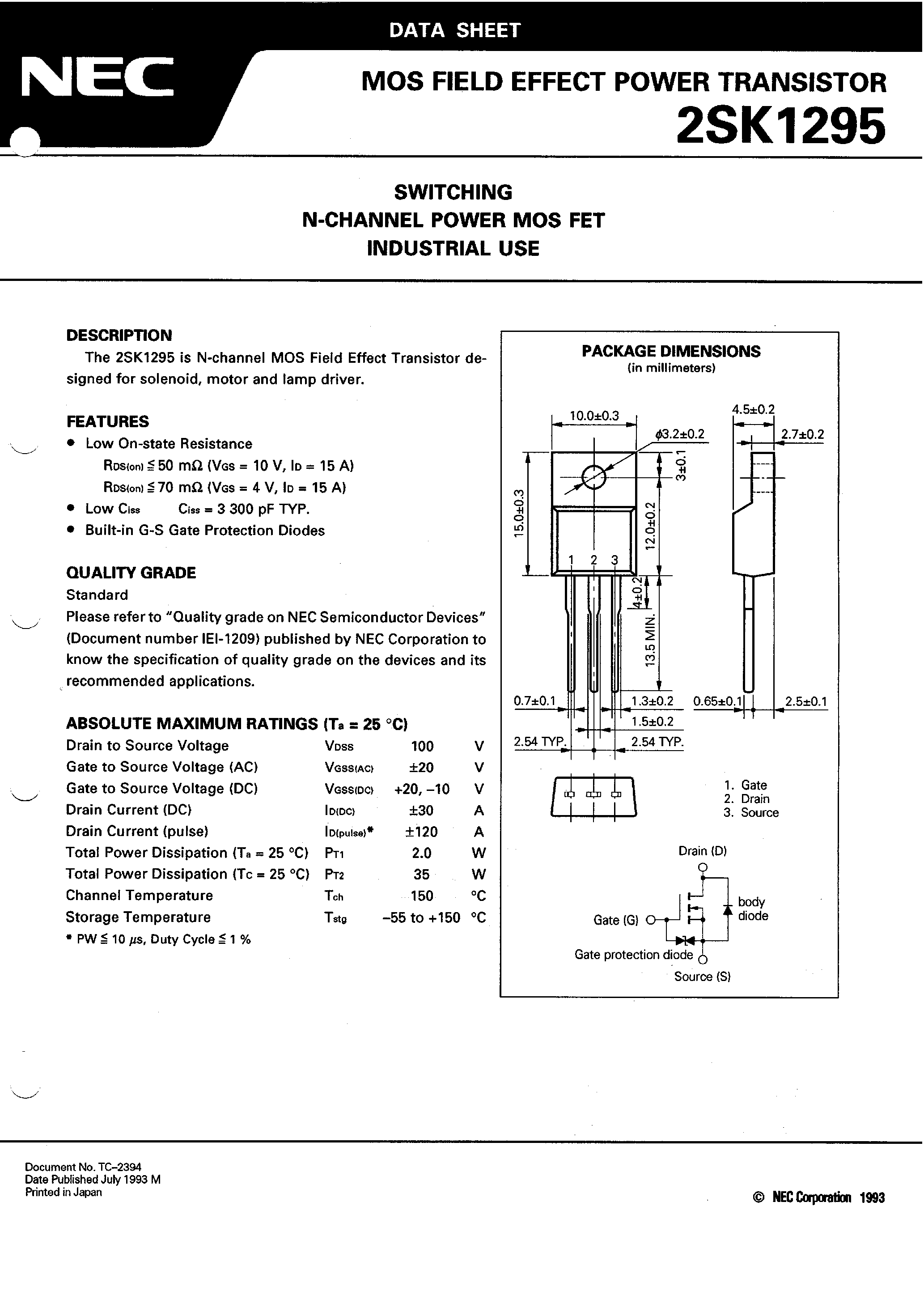 Datasheet 2SK1295 - SWITCHING N-CHANNEL POWER MOS FET INDUSTRIAL USE page 2