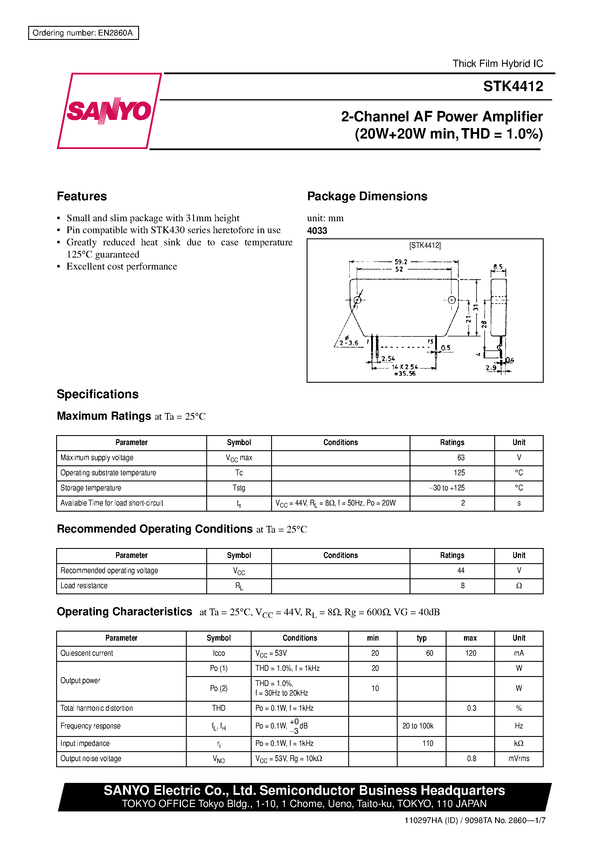 Даташит STK4412 - 2-Channel AF Power Amplifier страница 1