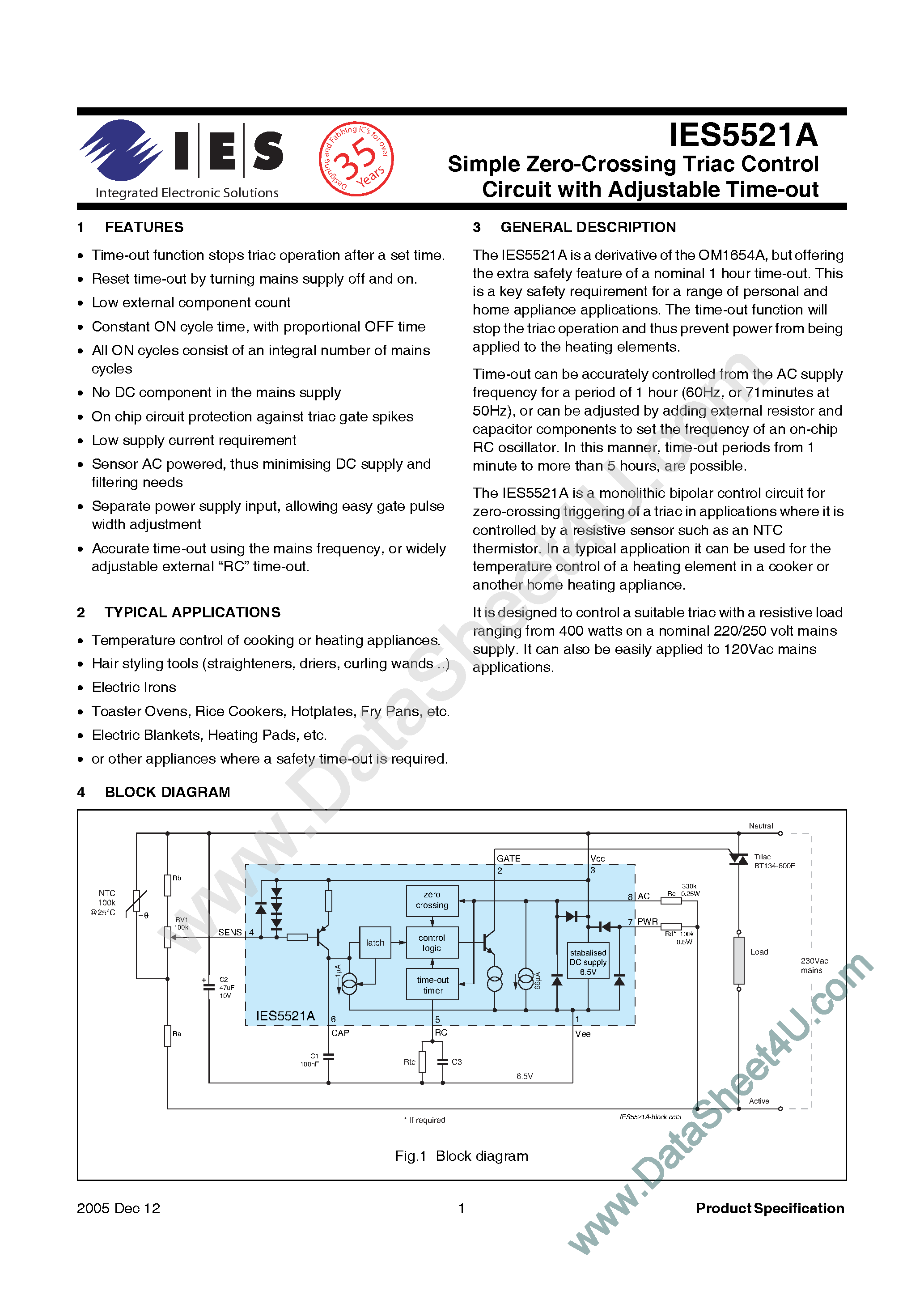 Даташит IES5521A - Simple Zero Crossing Triac Control Circuit страница 1