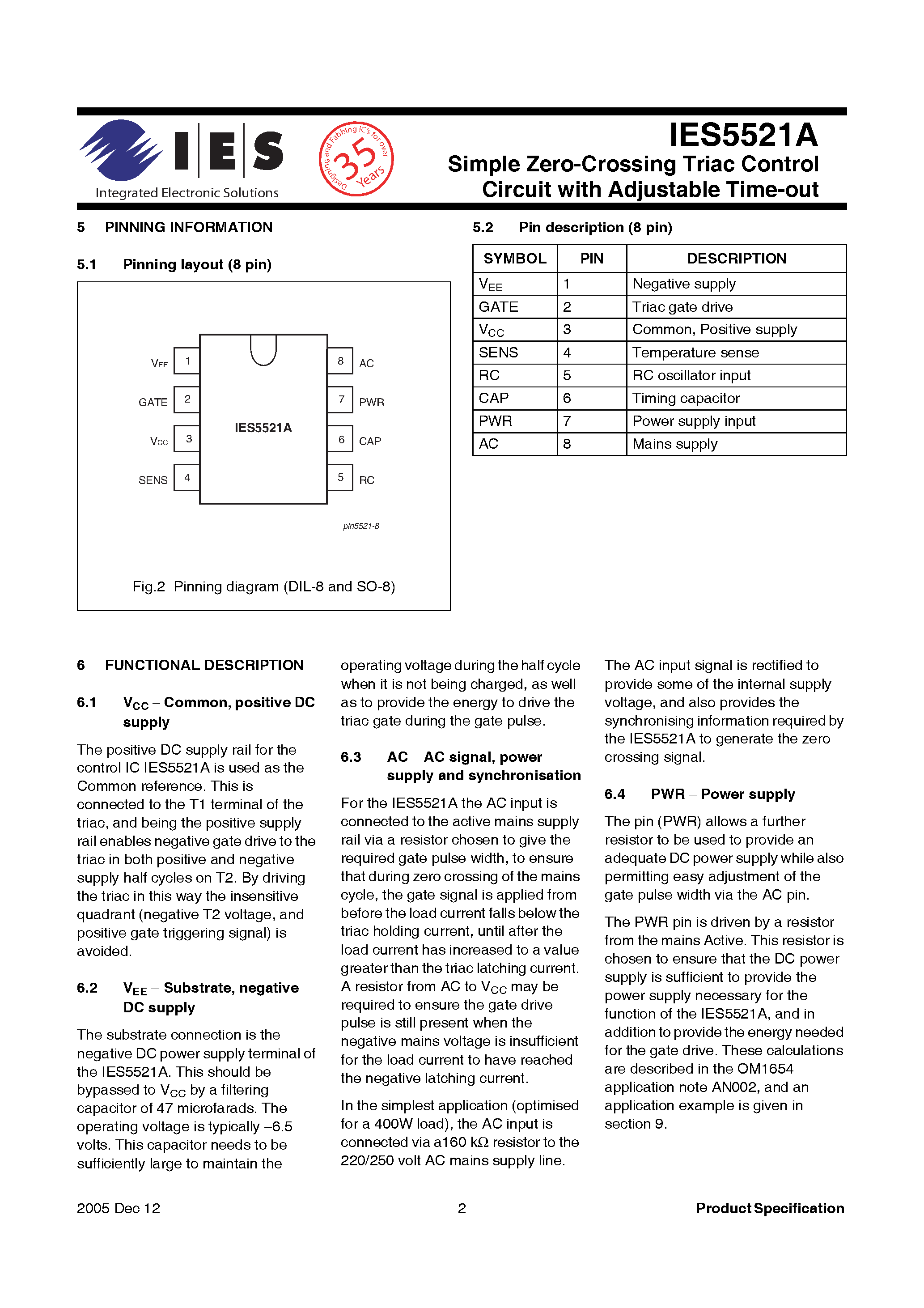 Даташит IES5521A - Simple Zero Crossing Triac Control Circuit страница 2