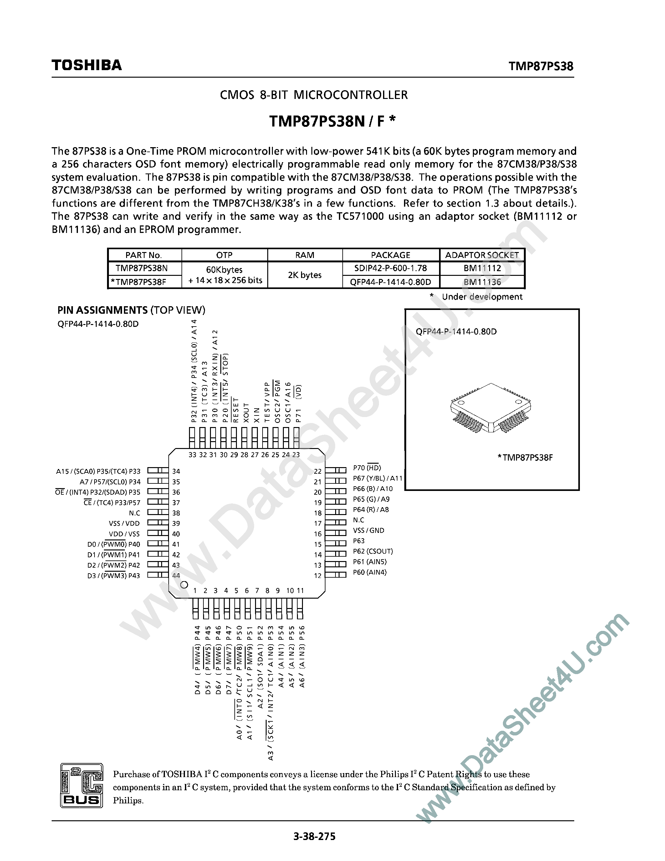 Datasheet TMP87PS38F - (TMP87PS38F/N) CMOS 8-Bit Microcontroller page 1