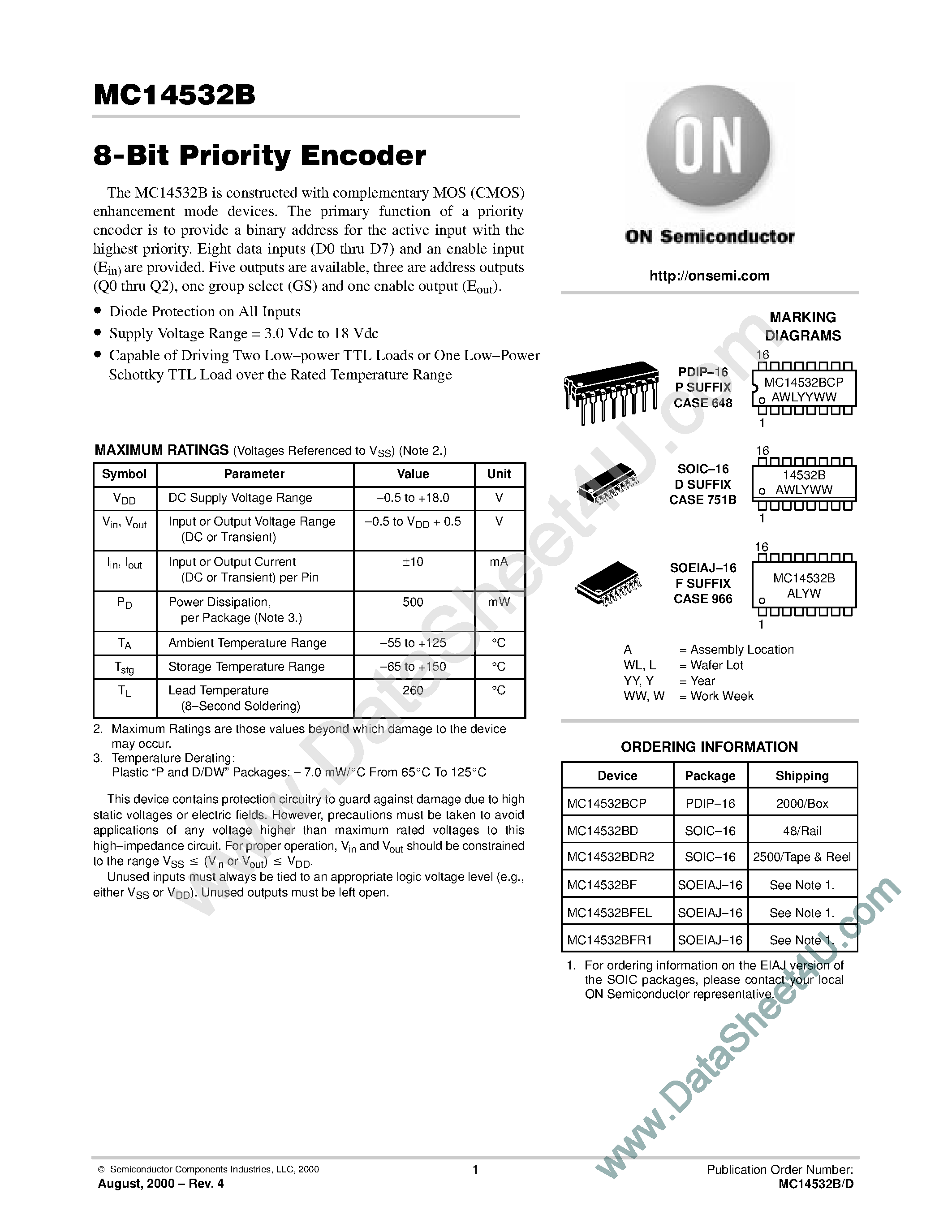 Даташит MC14532B - 8-Bit Priority Encoder страница 1