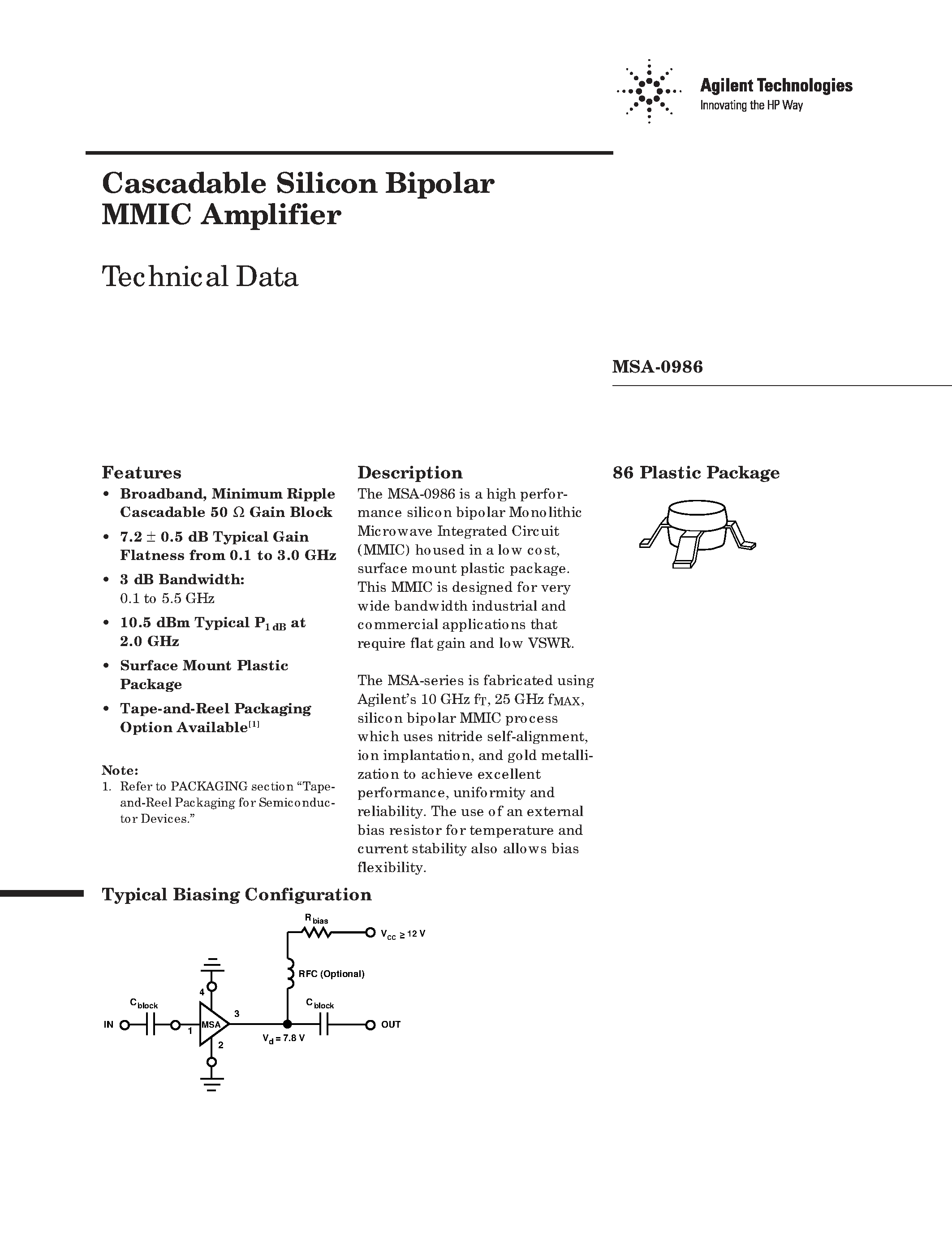 Datasheet MSA-0986 - Cascadable Silicon Bipolar MMIC Amplifier page 1