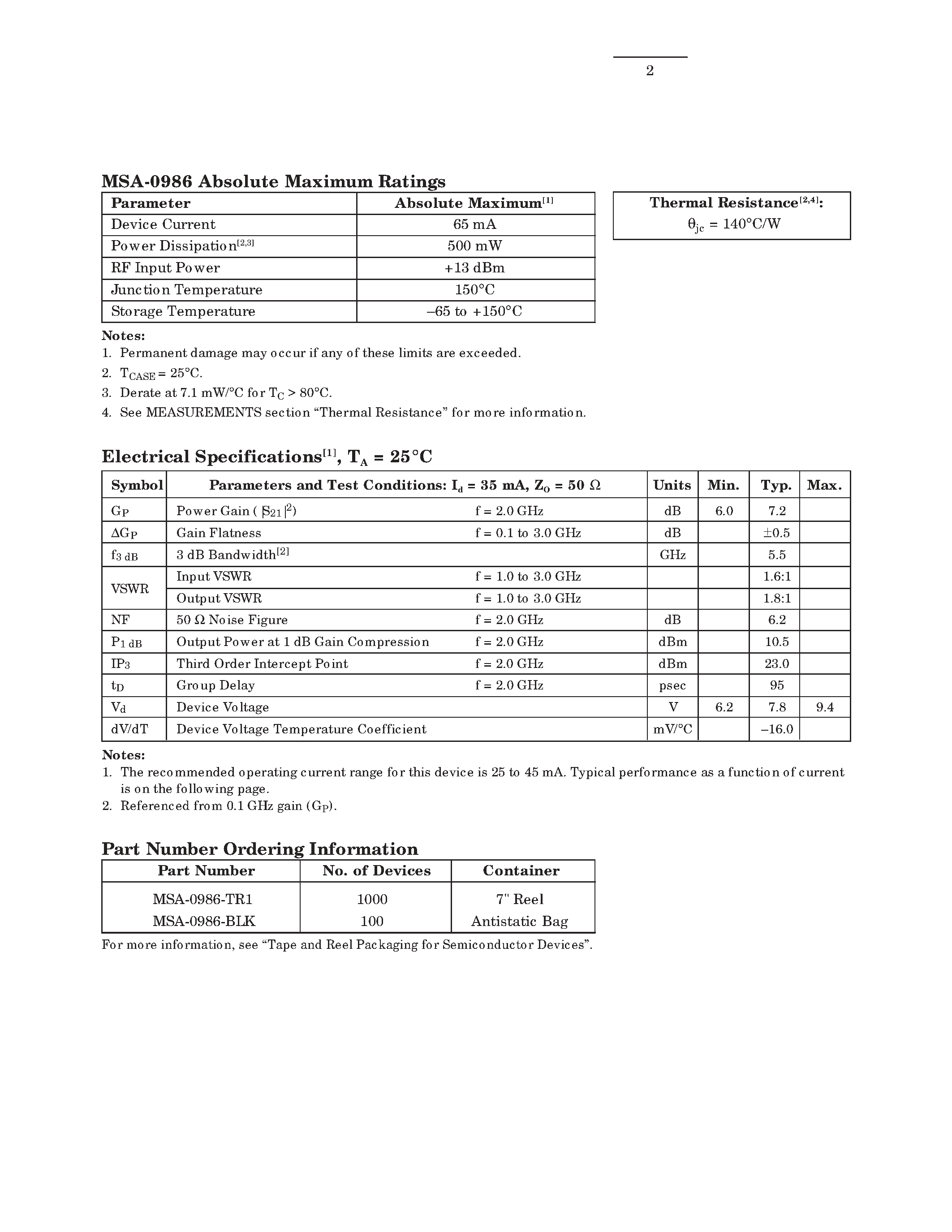 Datasheet MSA-0986 - Cascadable Silicon Bipolar MMIC Amplifier page 2