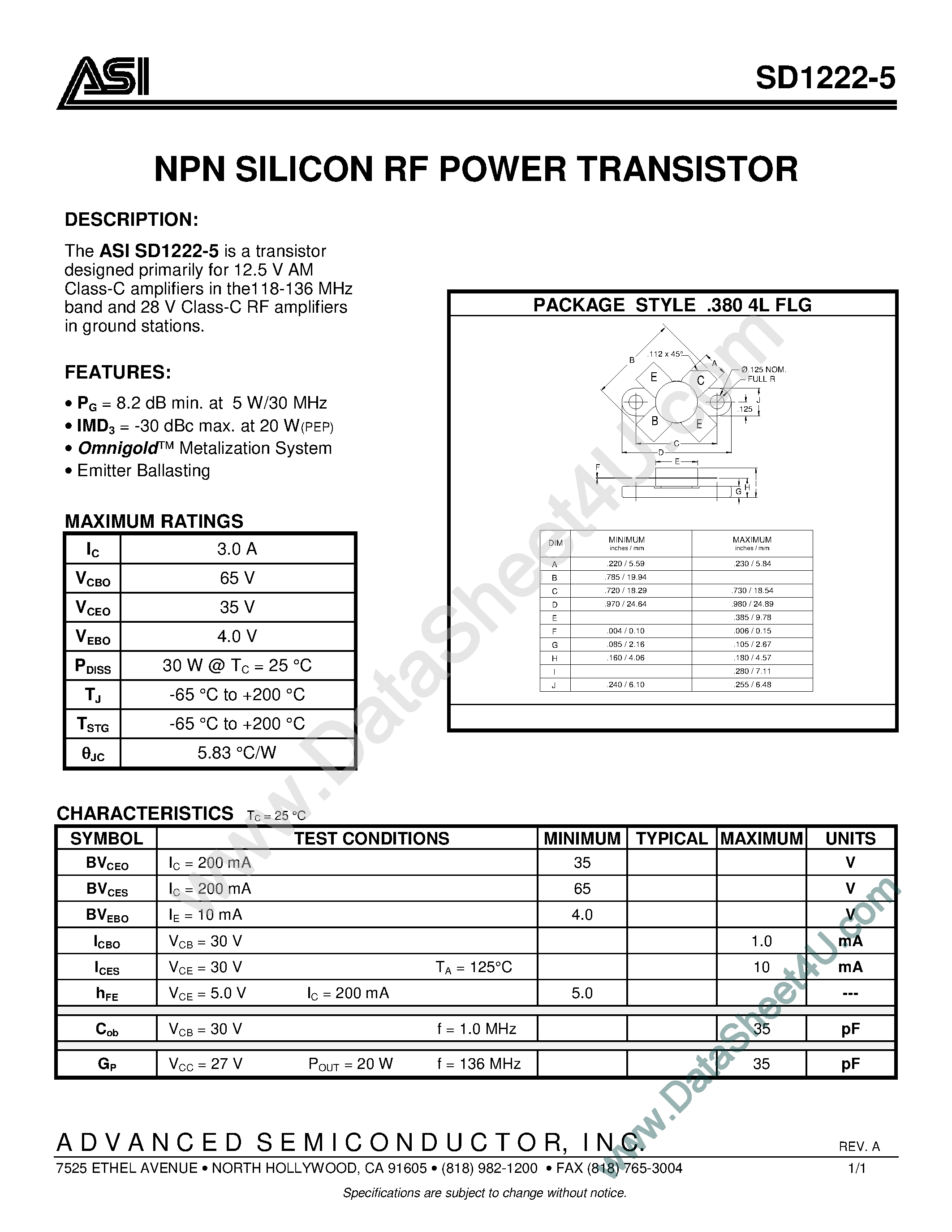 Datasheet SD1222-5 - NPN SILICON RF POWER TRANSISTOR page 1