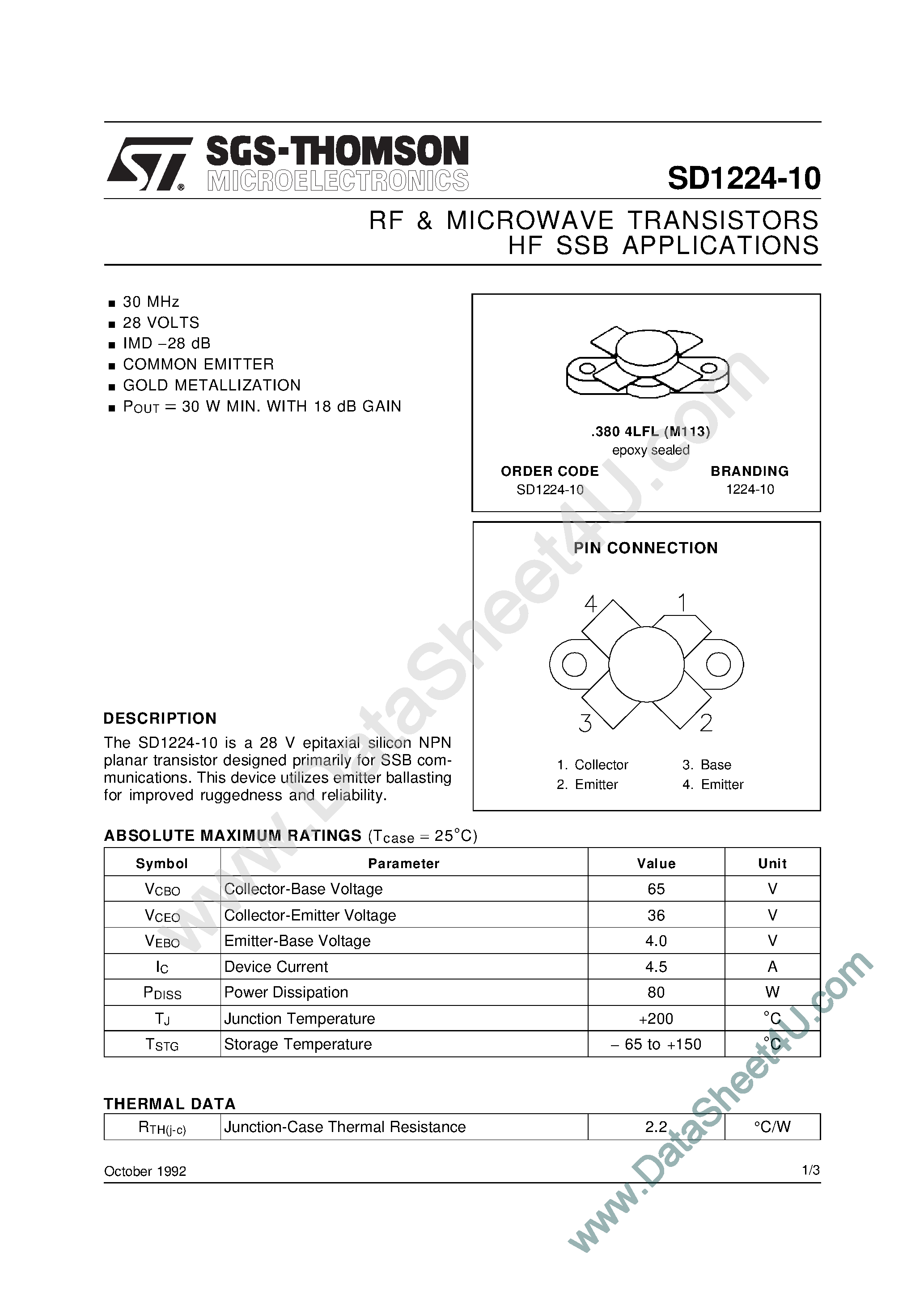 Datasheet SD1224-10 - RF & MICROWAVE TRANSISTORS HF SSB APPLICATIONS page 1