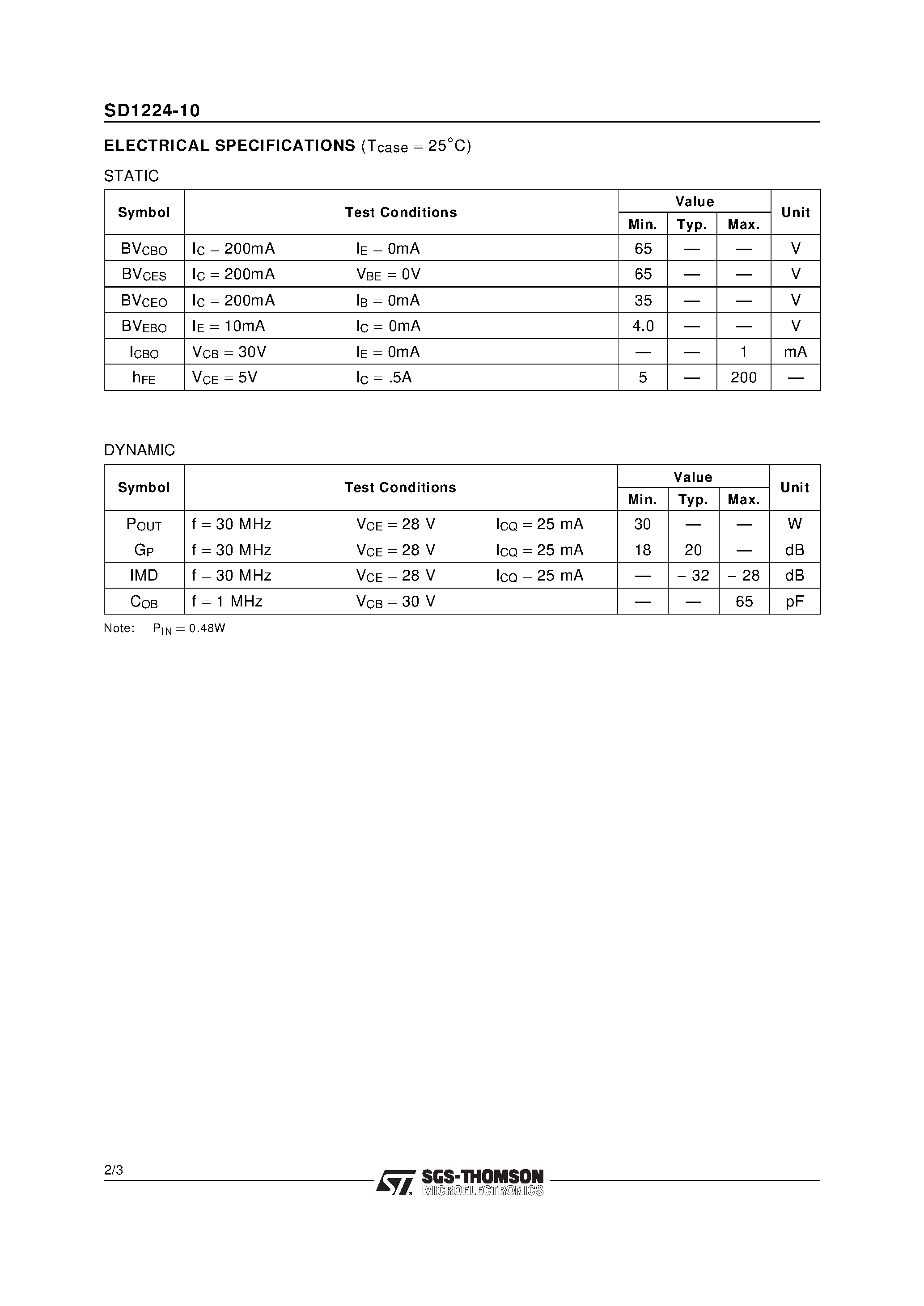 Datasheet SD1224-10 - RF & MICROWAVE TRANSISTORS HF SSB APPLICATIONS page 2