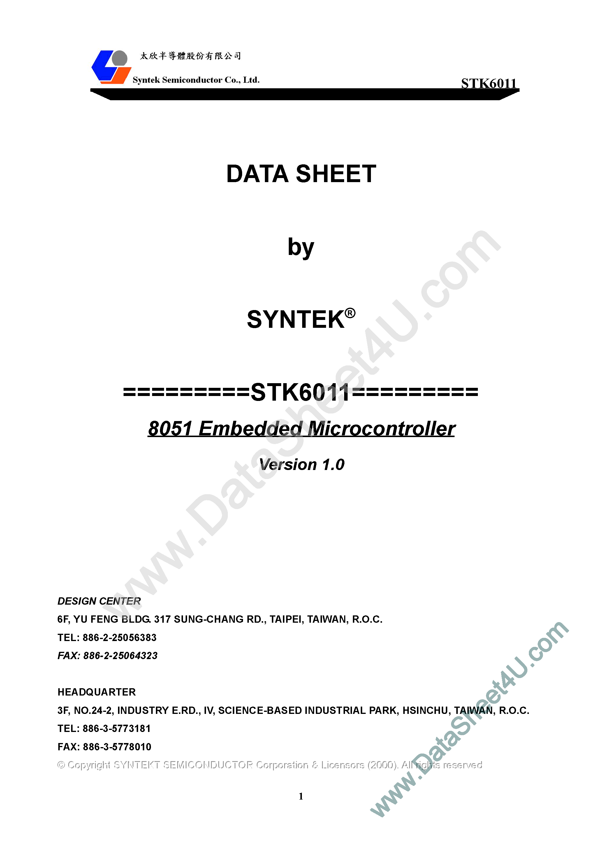 Datasheet STK6011 - 8051 Embedded Microcontroller page 1