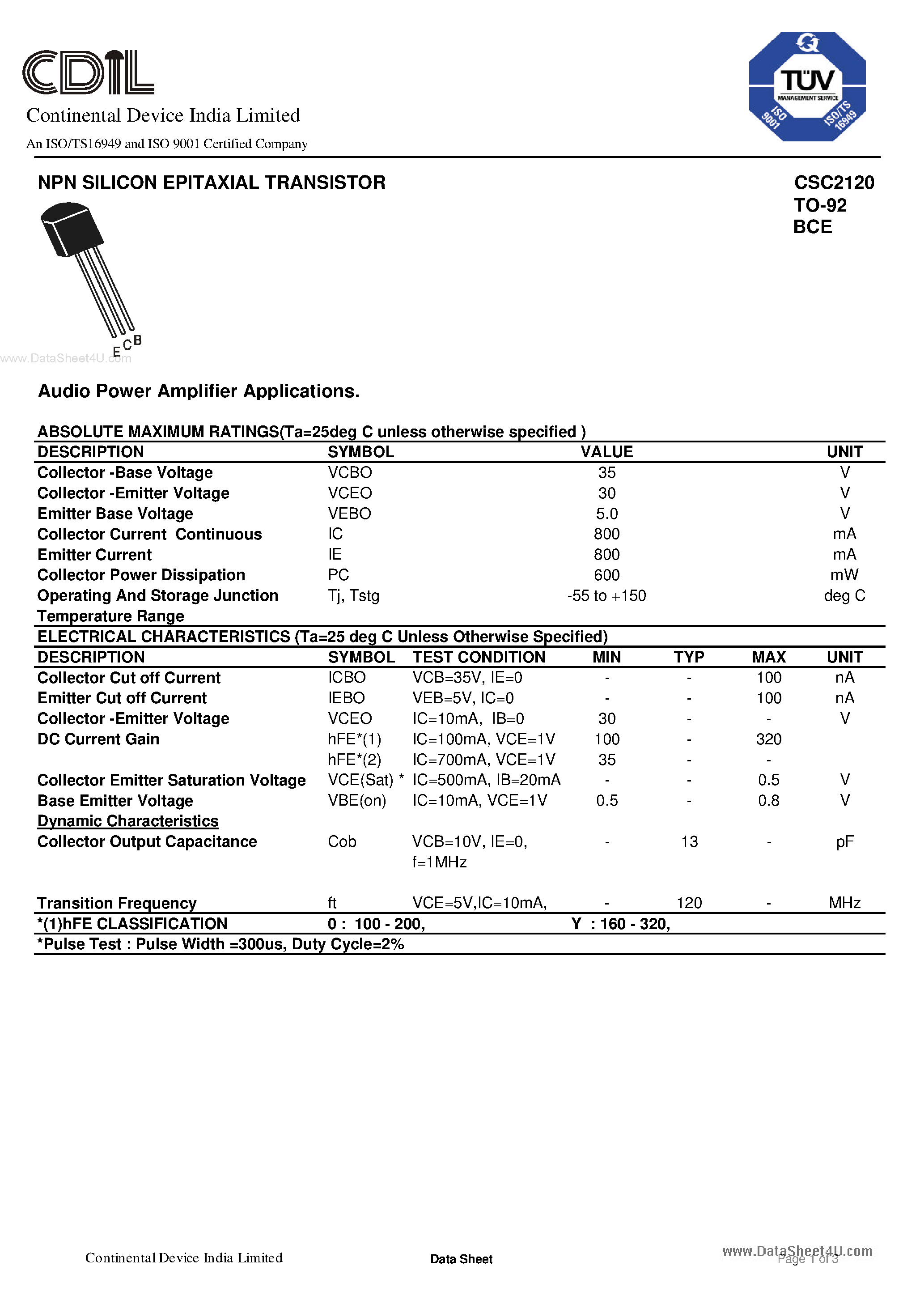 Datasheet C2120Y - Search -----> 2SC2120Y / CSC2120Y page 1