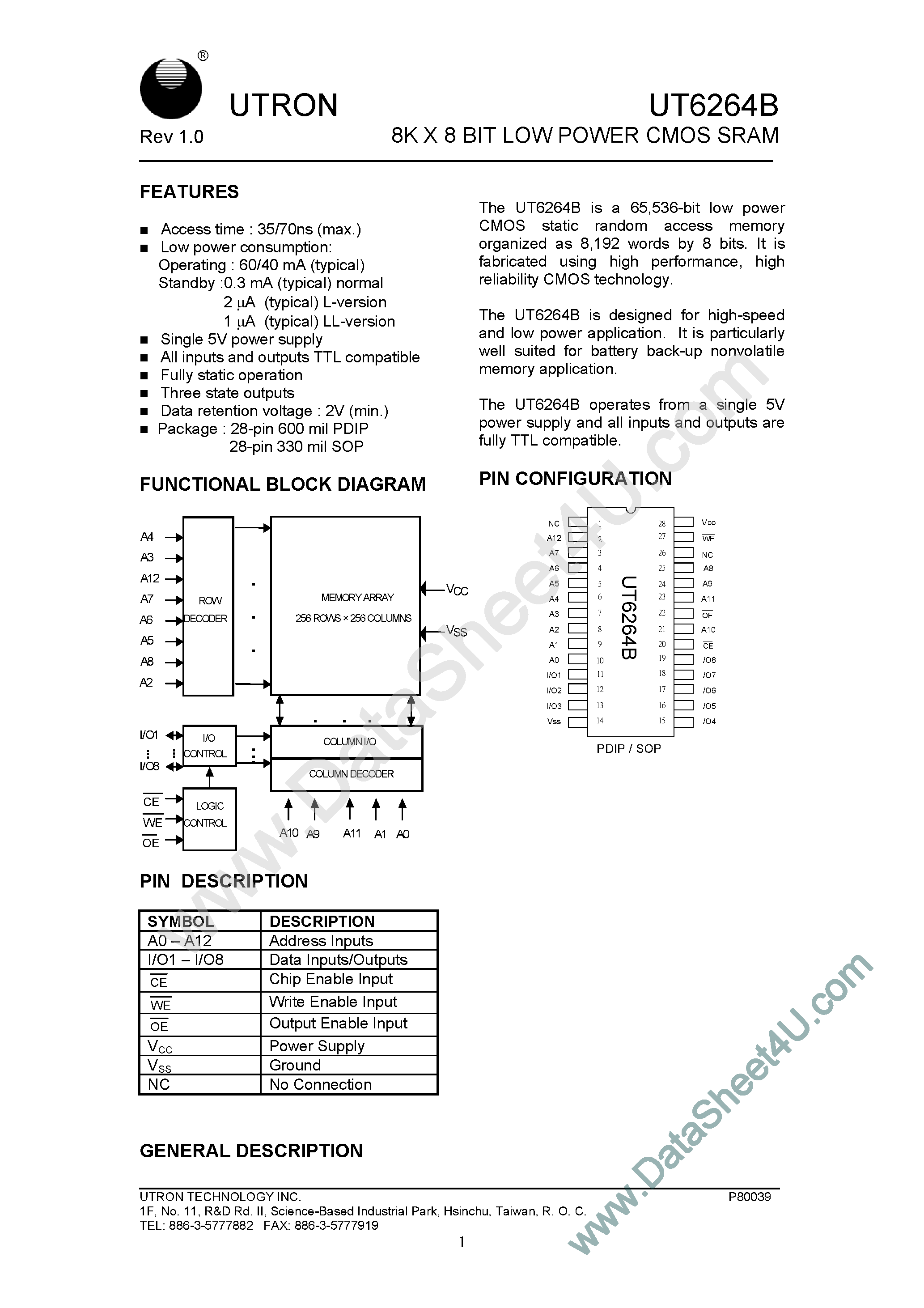 Даташит UT6264B - 8K X 8 BIT LOW POWER CMOS SRAM страница 1