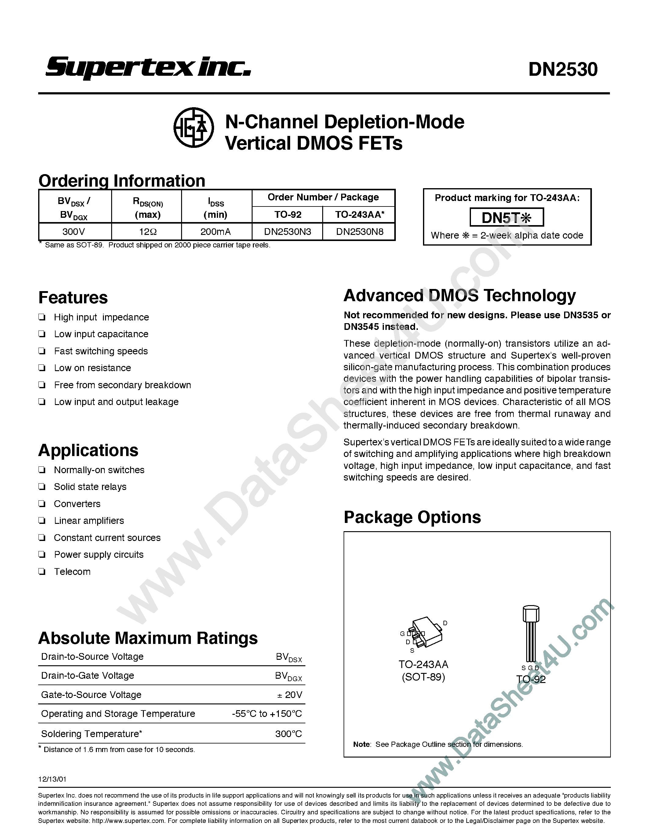 Даташит DN2530 - N-Channel Depletion-Mode Vertical DMOS FETs страница 1