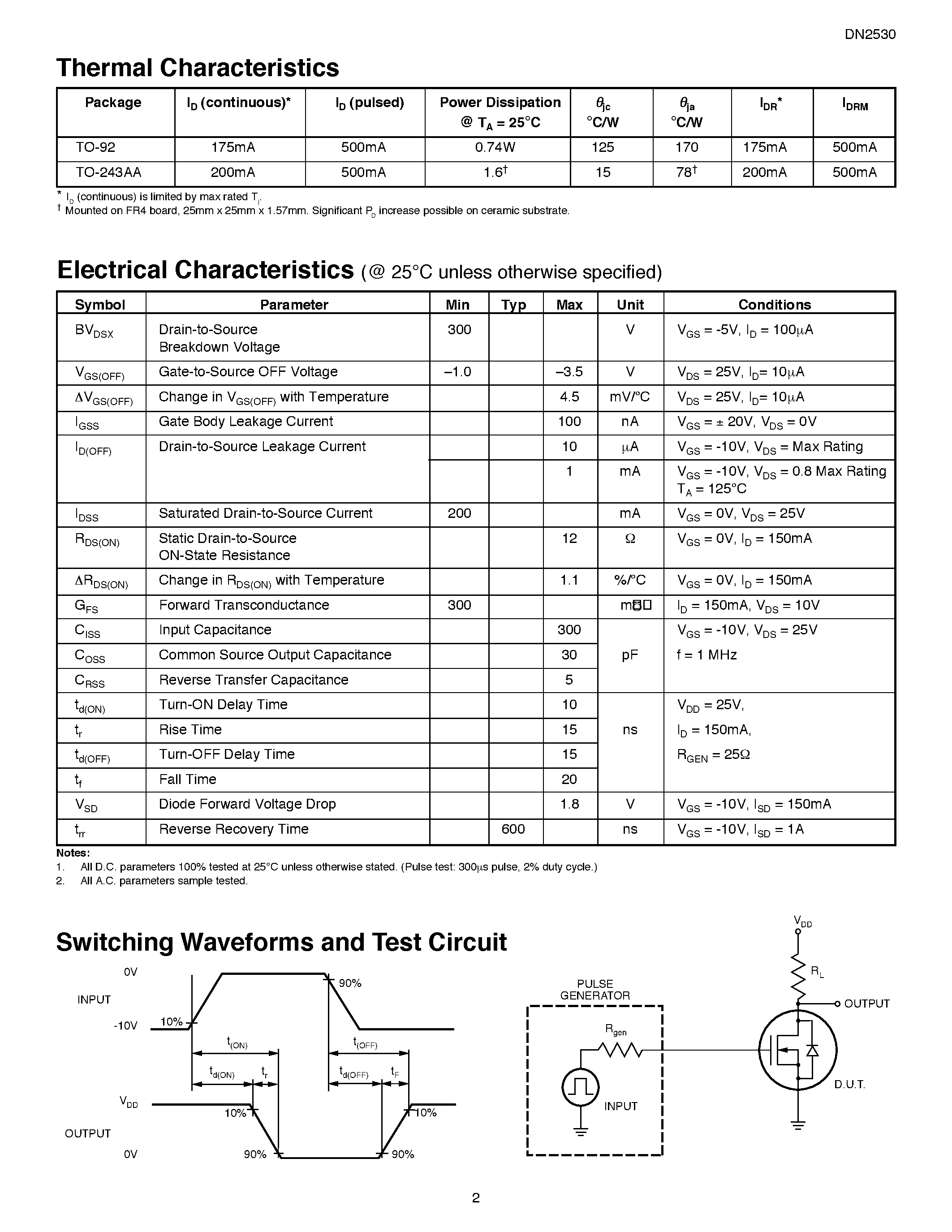 Даташит DN2530 - N-Channel Depletion-Mode Vertical DMOS FETs страница 2