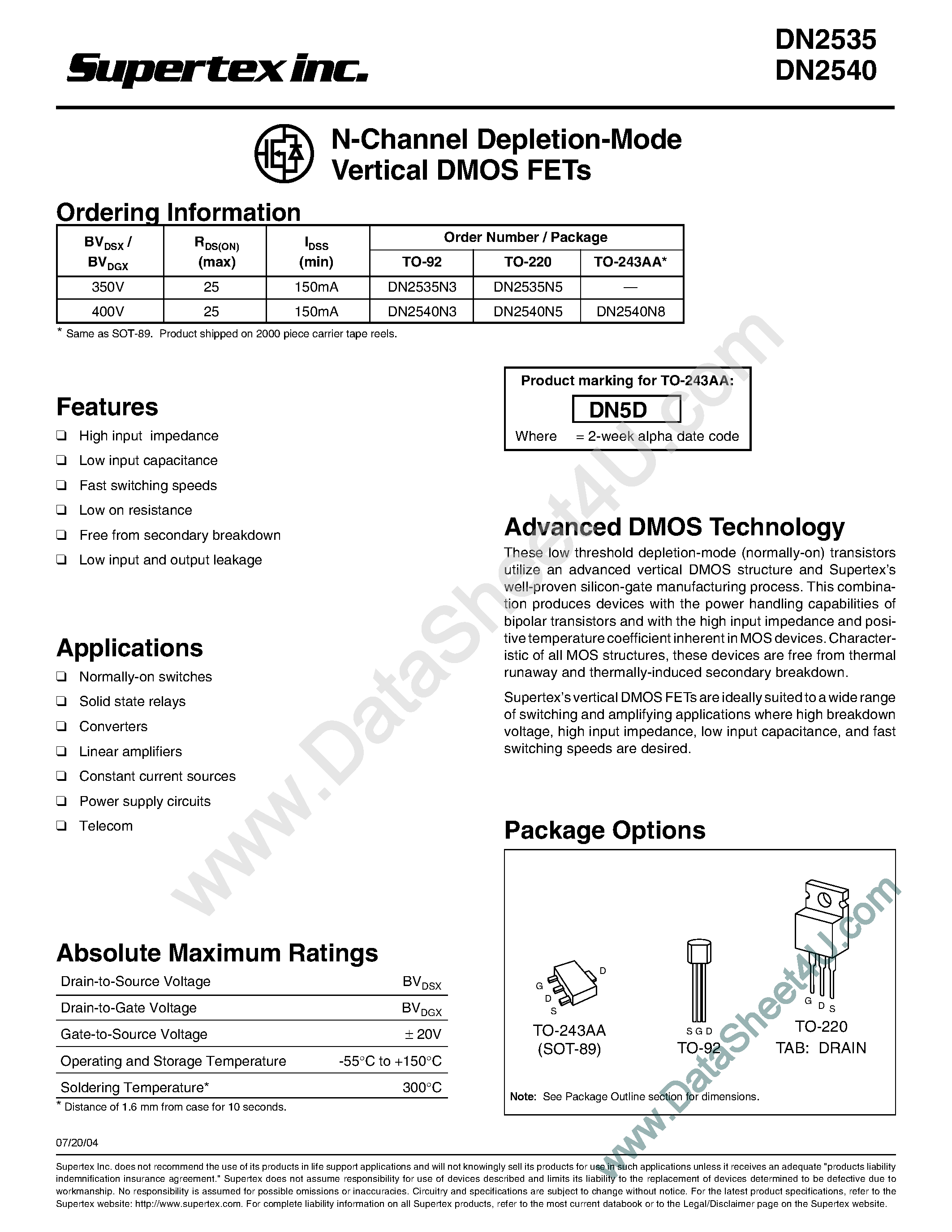 Даташит DN2540 - (DN2535 / DN2540) N-Channel Depletion-Mode Vertical DMOS FETs страница 1