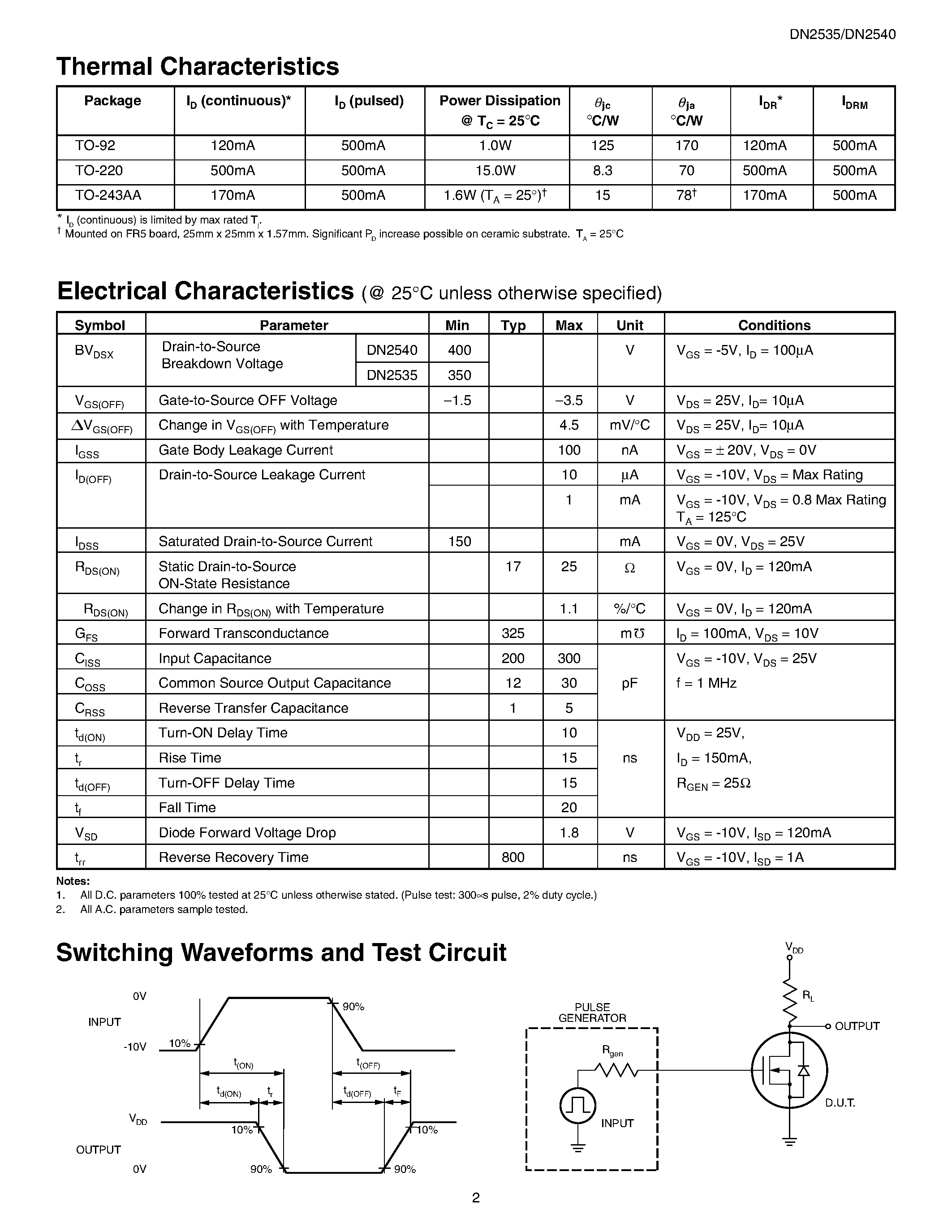 Даташит DN2540 - (DN2535 / DN2540) N-Channel Depletion-Mode Vertical DMOS FETs страница 2