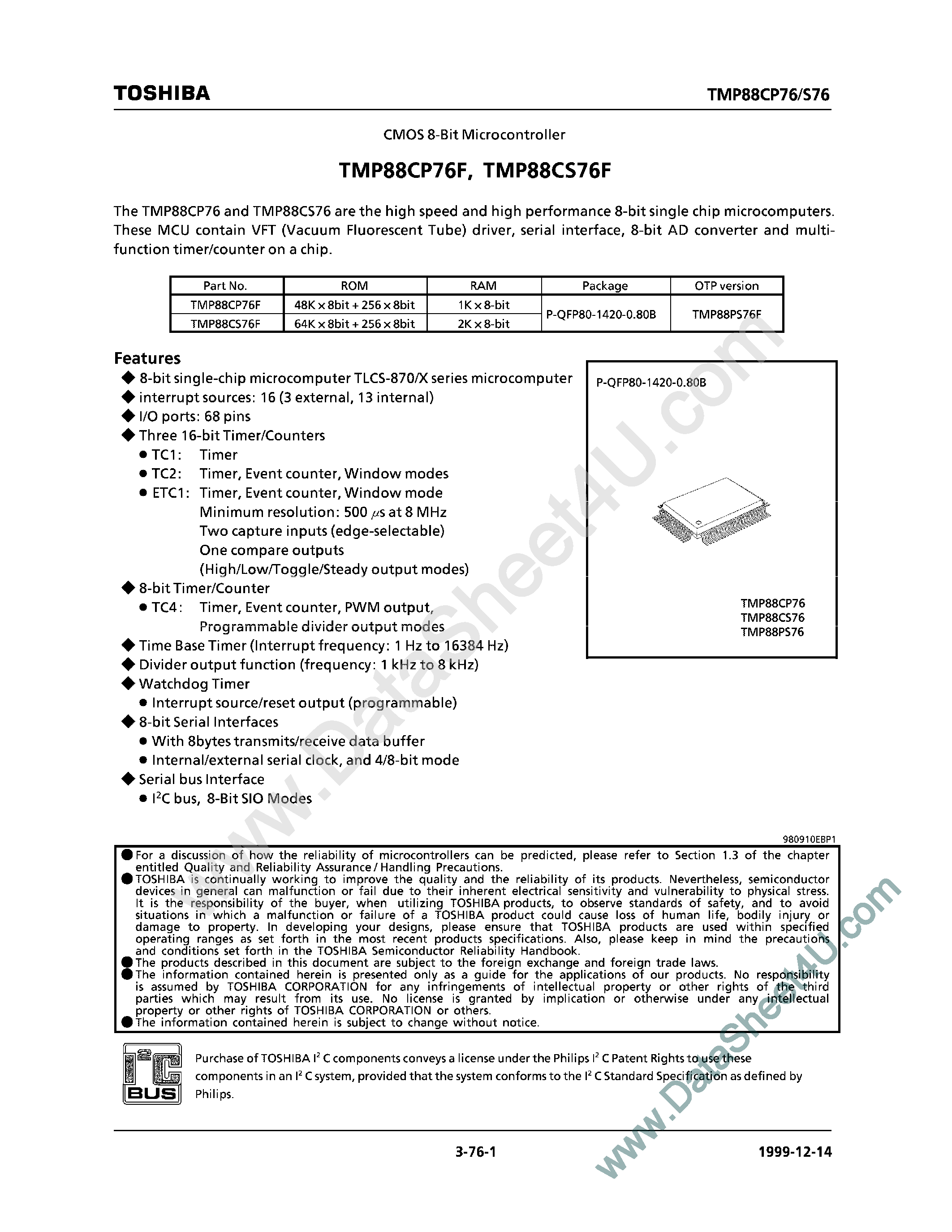 Datasheet TMP88CP76F - (TMP88CP(S)76F) CMOS 8-Bit Microcontroller page 1