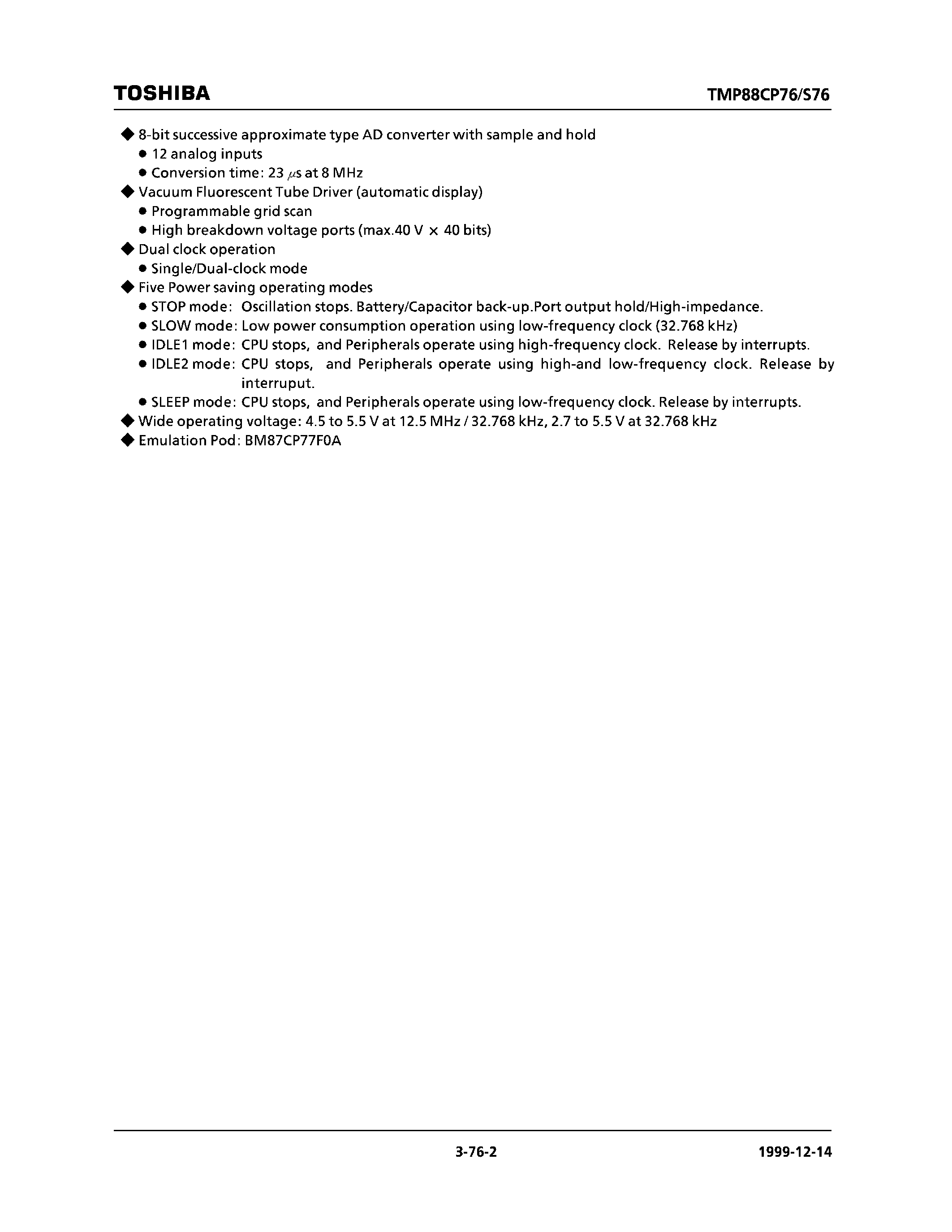 Datasheet TMP88CP76F - (TMP88CP(S)76F) CMOS 8-Bit Microcontroller page 2