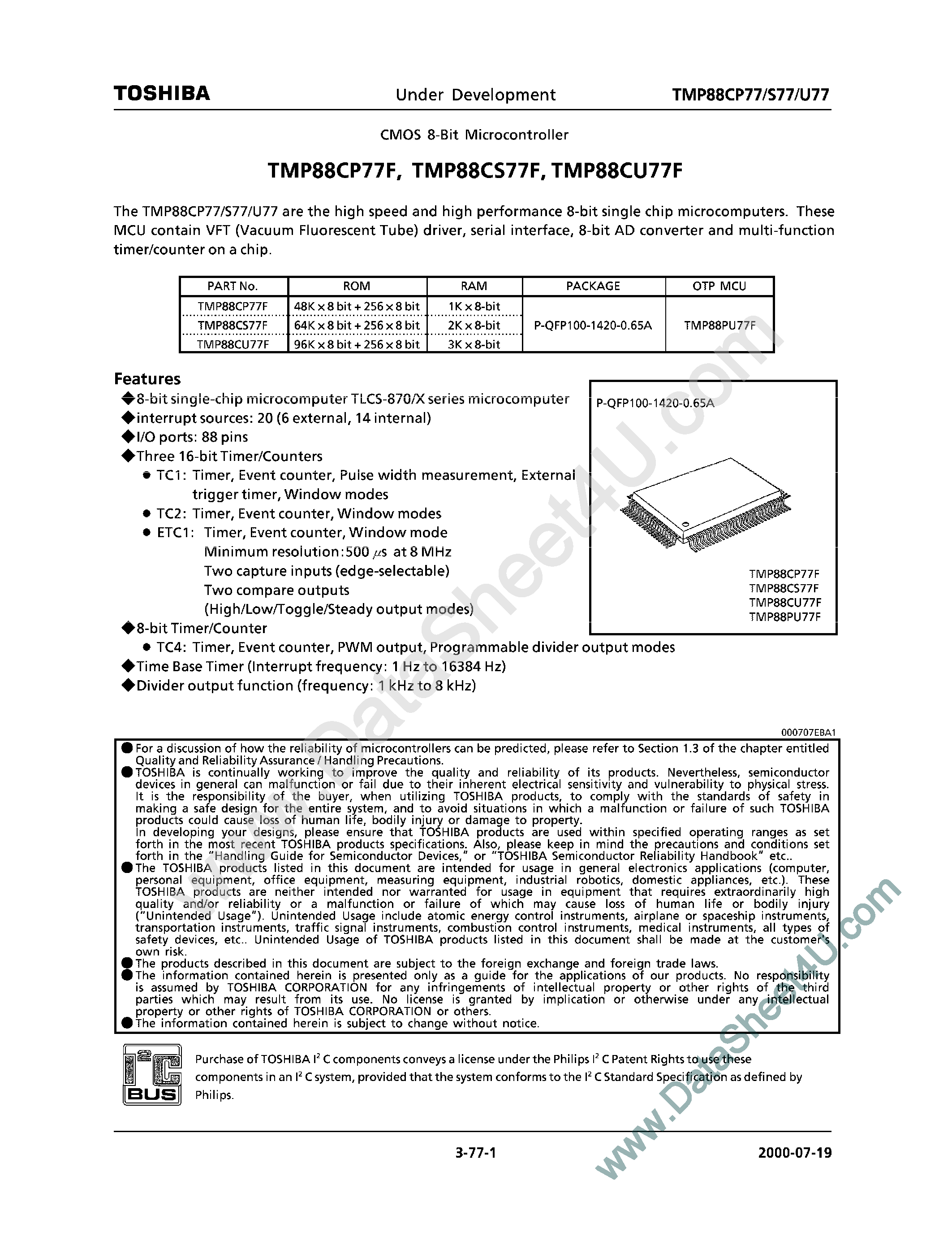 Datasheet TMP88CP77F - (TMP88Cx77F) CMOS 8-Bit Microcontroller page 1