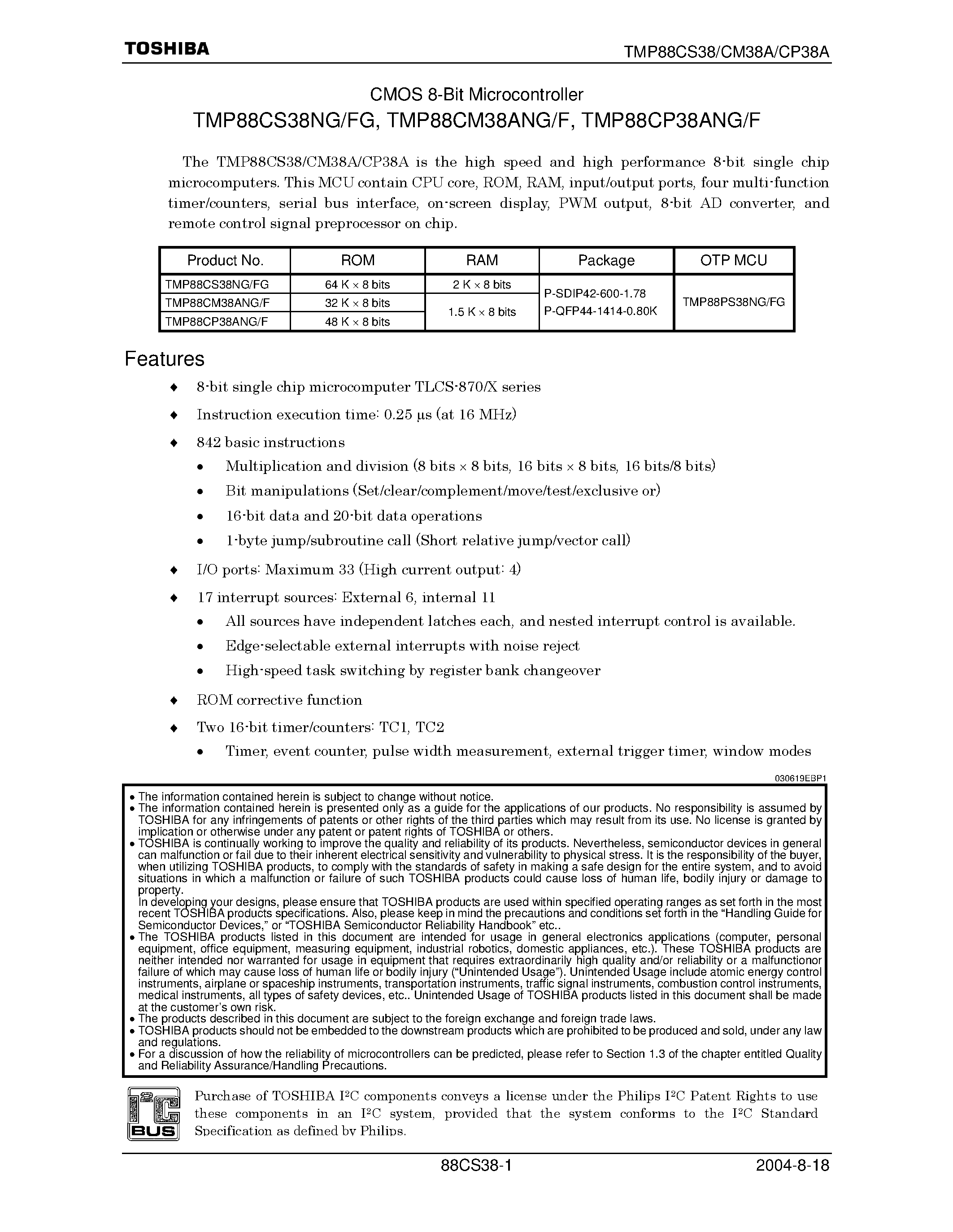 Datasheet TMP88CM38ANF - (TMP88Cx38xx) CMOS 8-Bit Microcontroller page 1