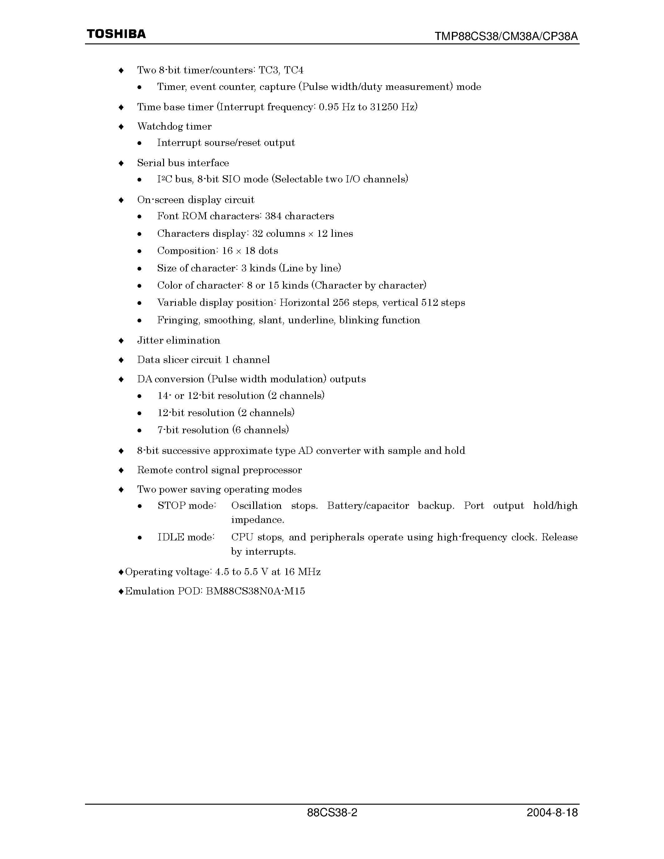 Datasheet TMP88CM38ANF - (TMP88Cx38xx) CMOS 8-Bit Microcontroller page 2