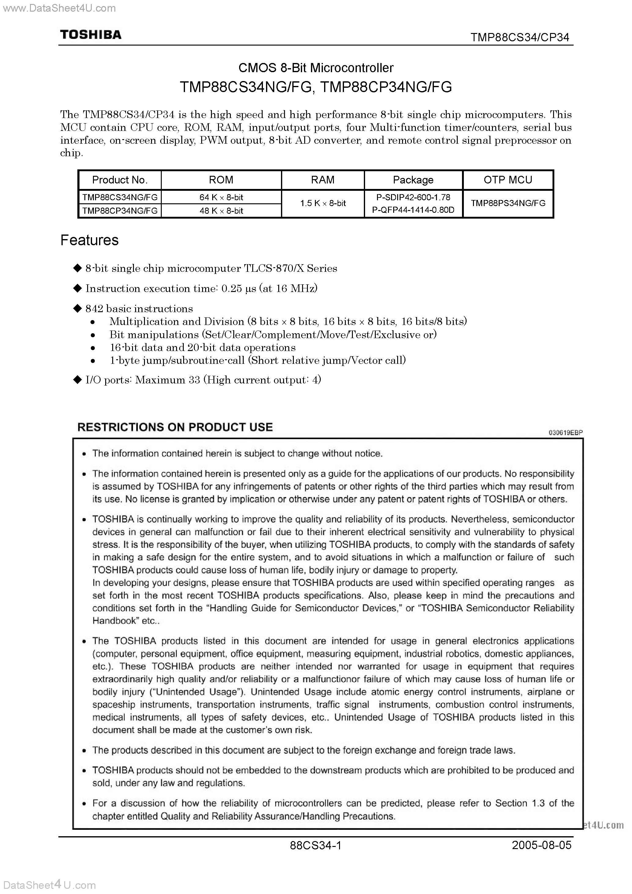 Datasheet TMP88CP34FG - (TMP88Cx34xG) CMOS 8-Bit Microcontroller page 1