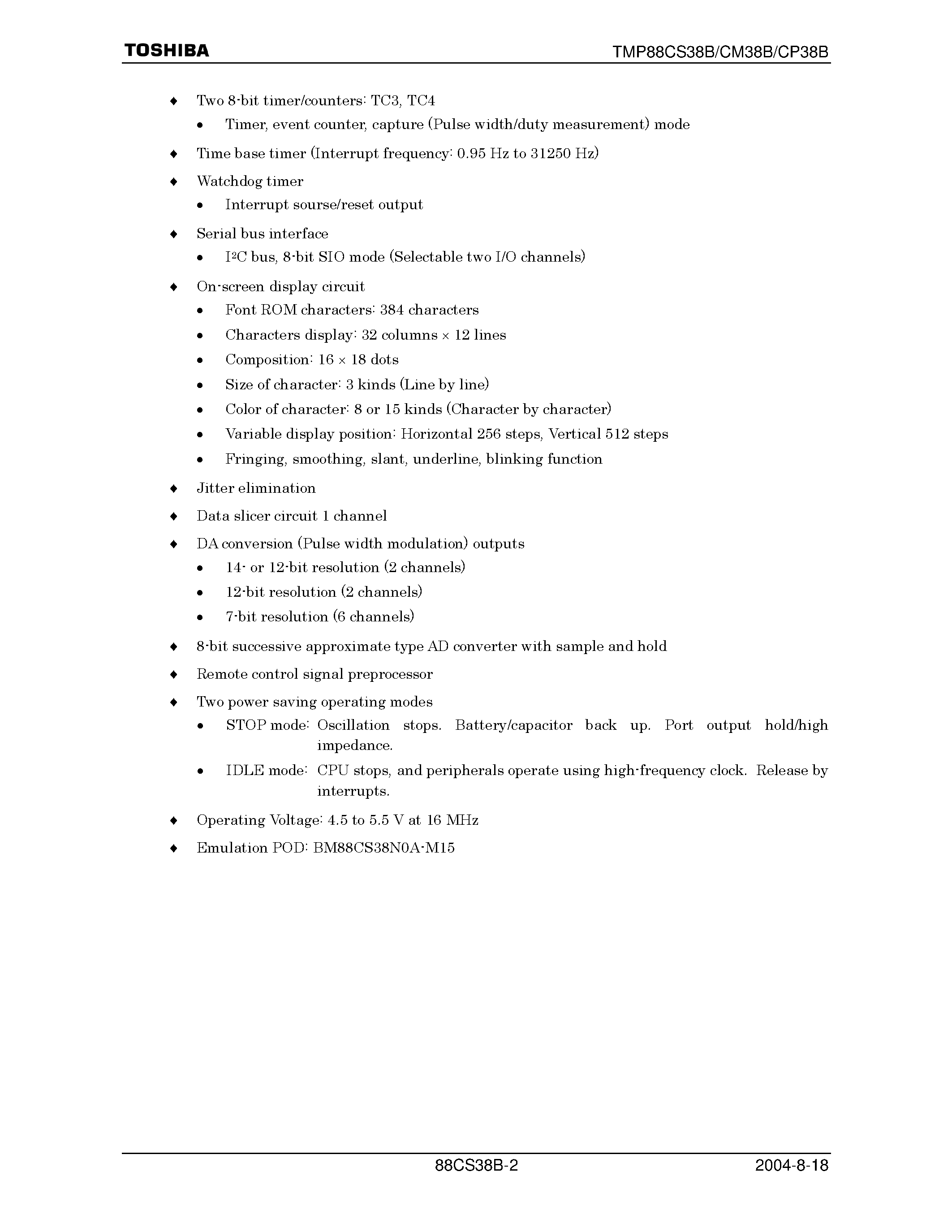 Datasheet TMP88CM38BFG - (TMP88Cx38xxG) CMOS 8-Bit Microcontroller page 2