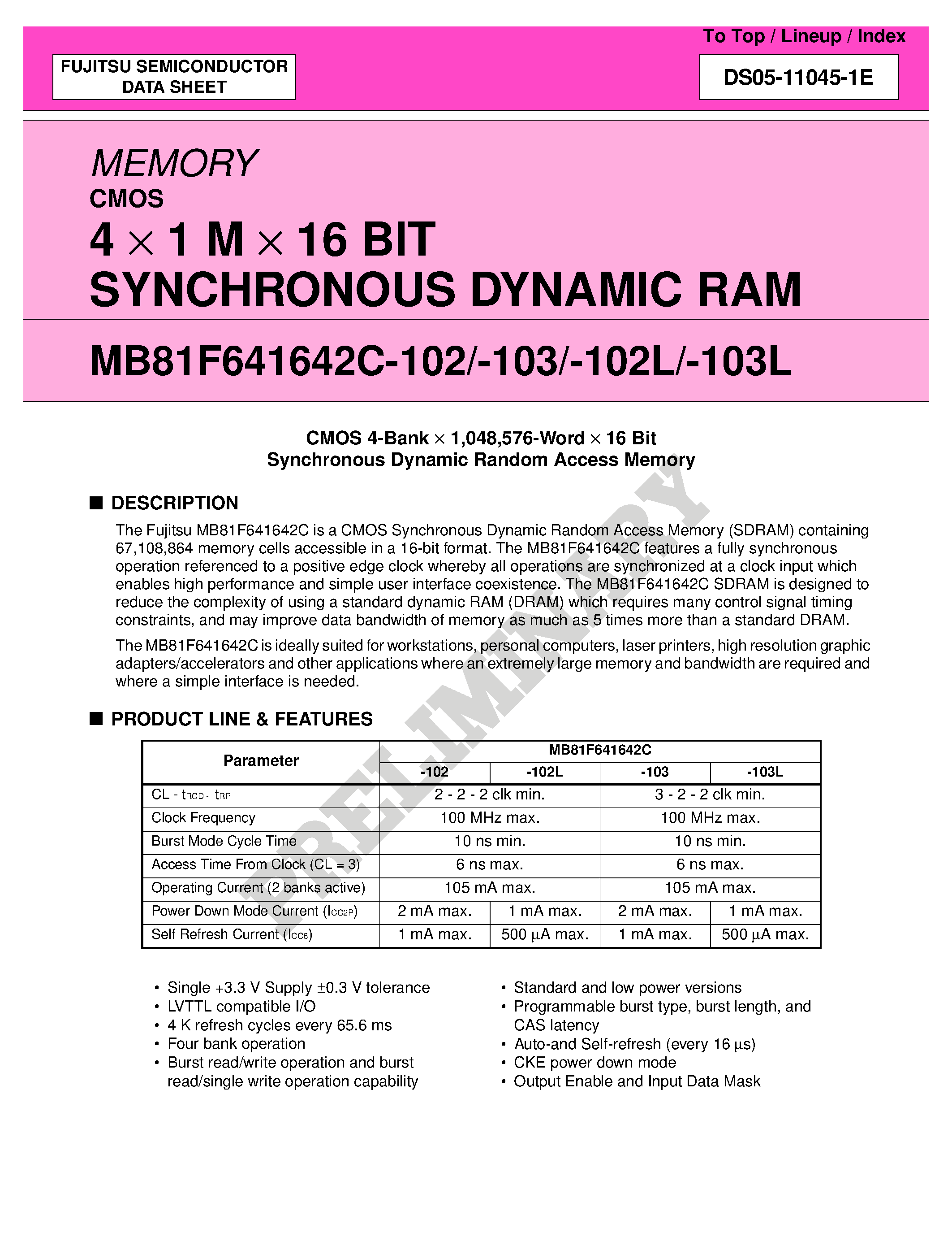 Даташит MB81F641642C - 4 x 1 M x 16 BIT SYNCHRONOUS DYNAMIC RAM страница 1