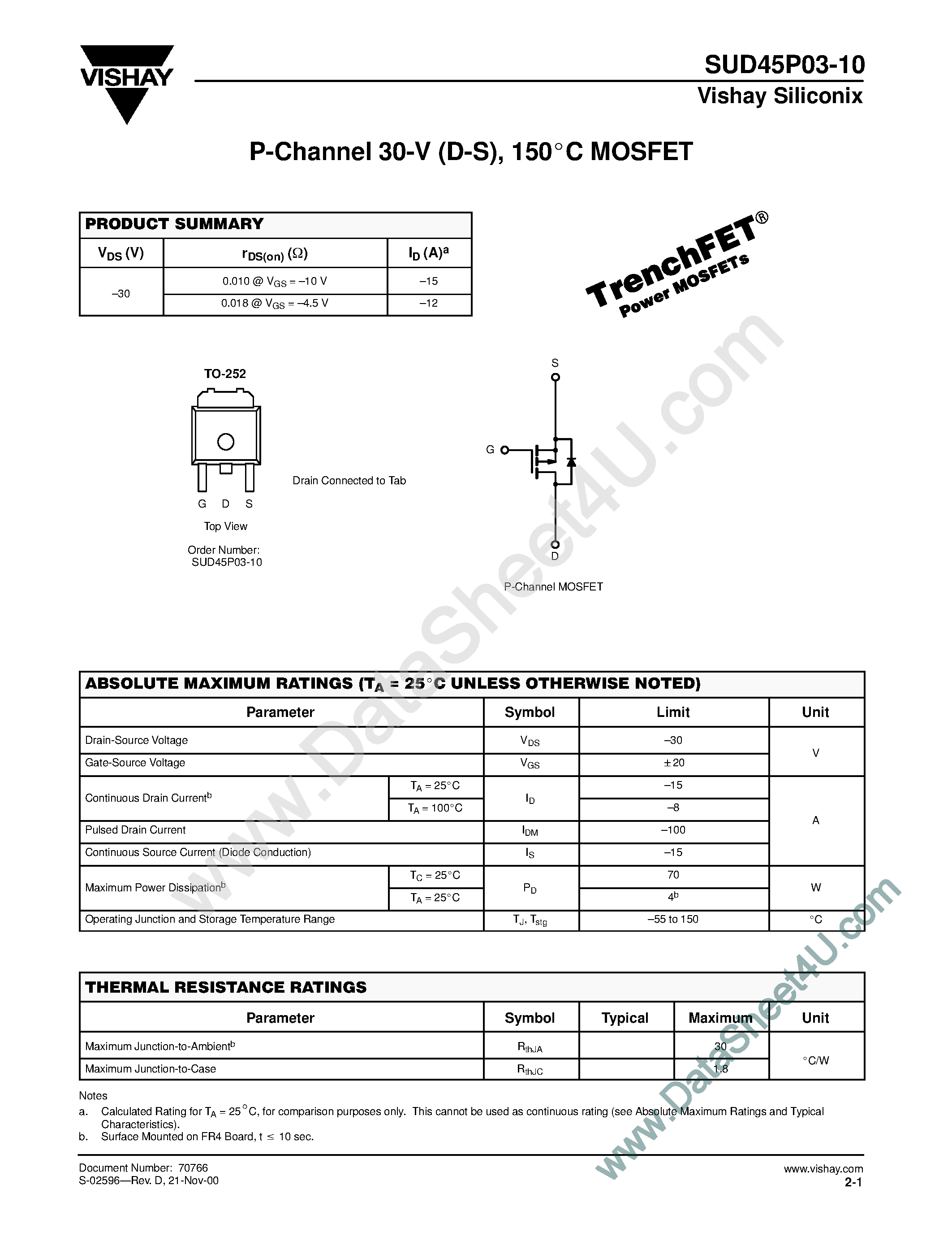 Даташит SUD45P03-10 - P-Channel 30-V 150C MOSFET страница 1