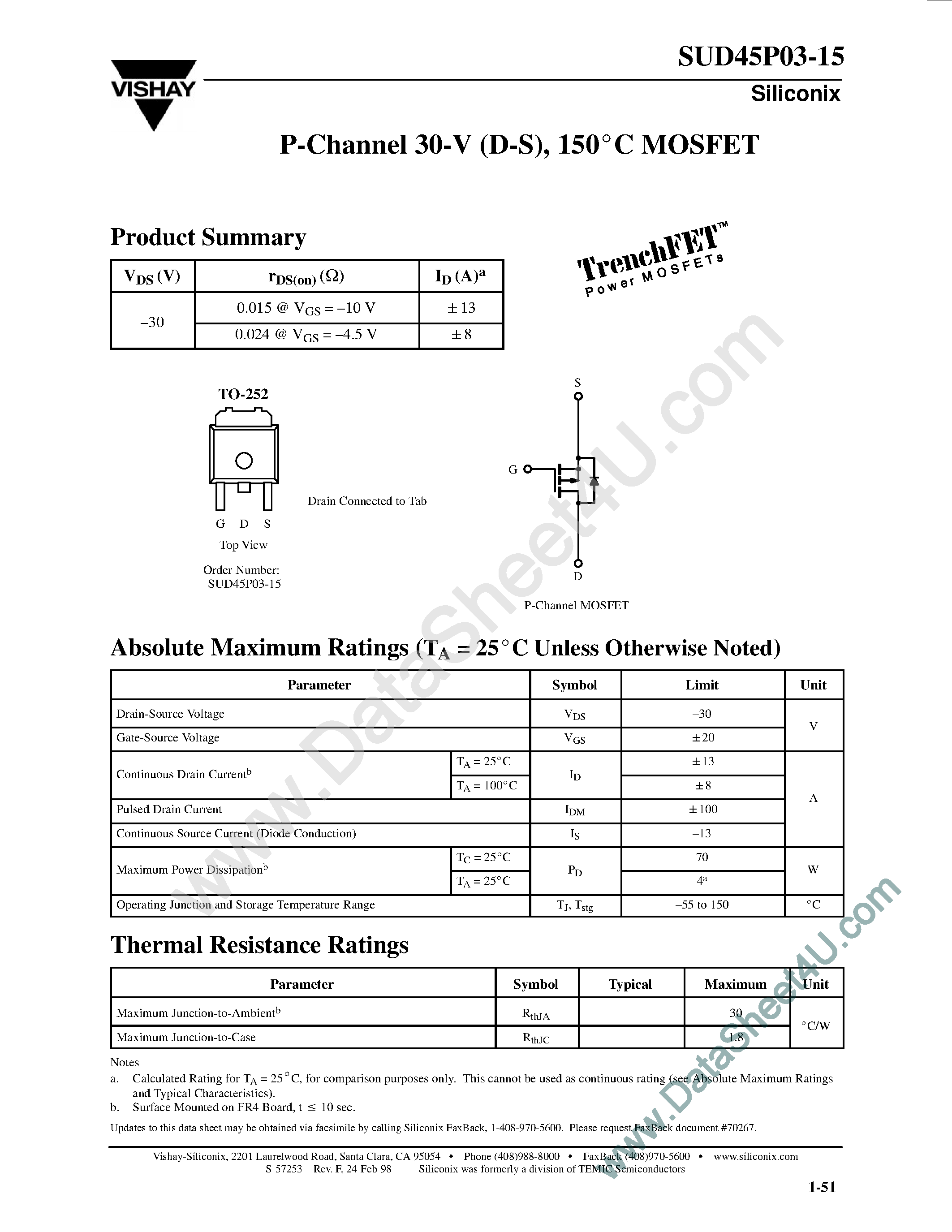 Даташит SUD45P03-15 - P-Channel 30-V (D-S) / 150C MOSFET страница 1