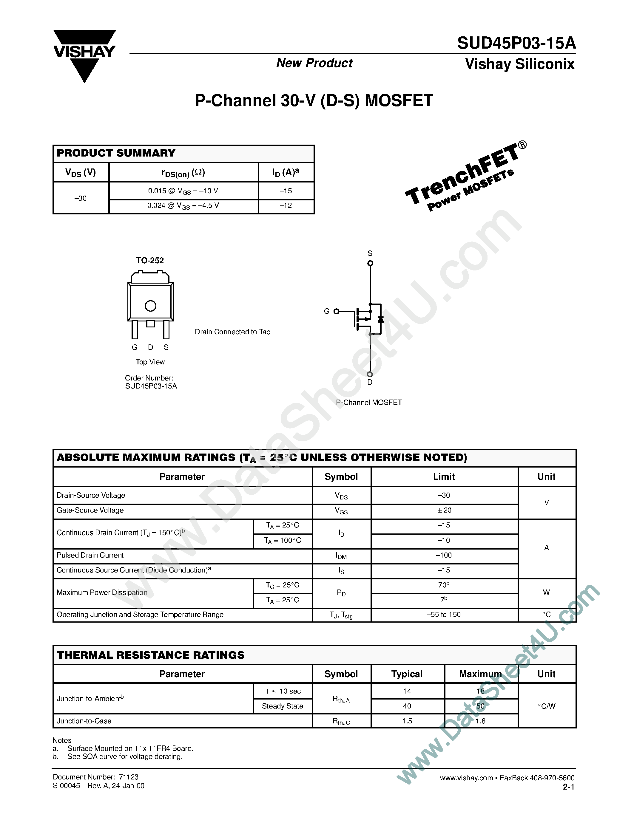 Даташит SUD45P03-15A - P-Channel 30-V (D-S) / 150C MOSFET страница 1