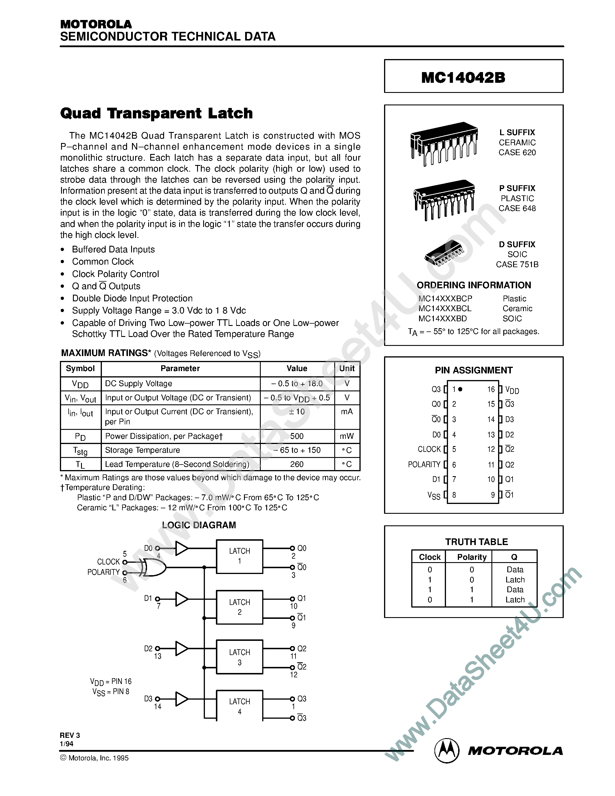 Даташит MC14042B - Quad Transparent Latch страница 1