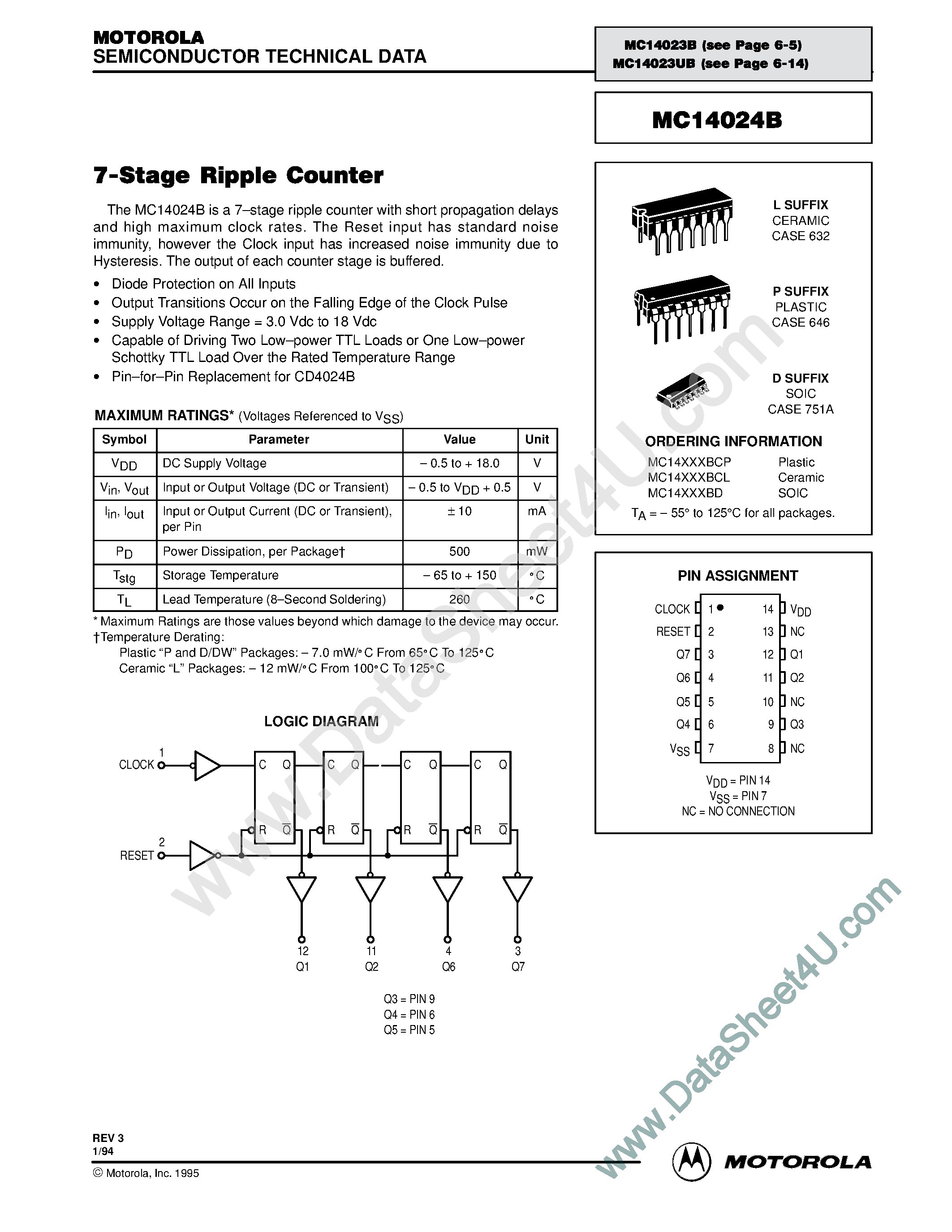 Даташит MC14024B - 7-Stage Ripple Counter страница 1