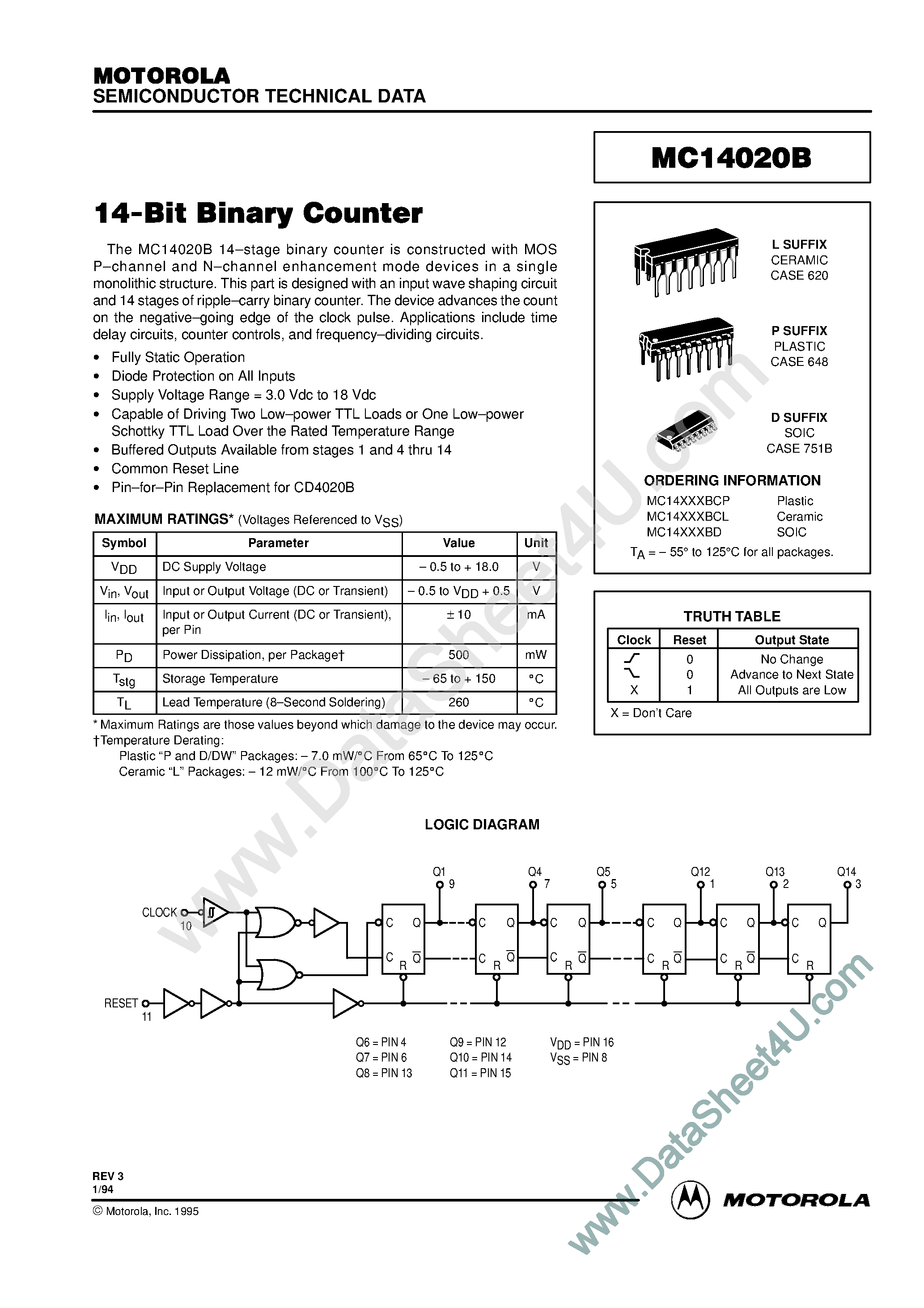 Даташит MC14020B - 14-Bit Vinary Counter страница 1