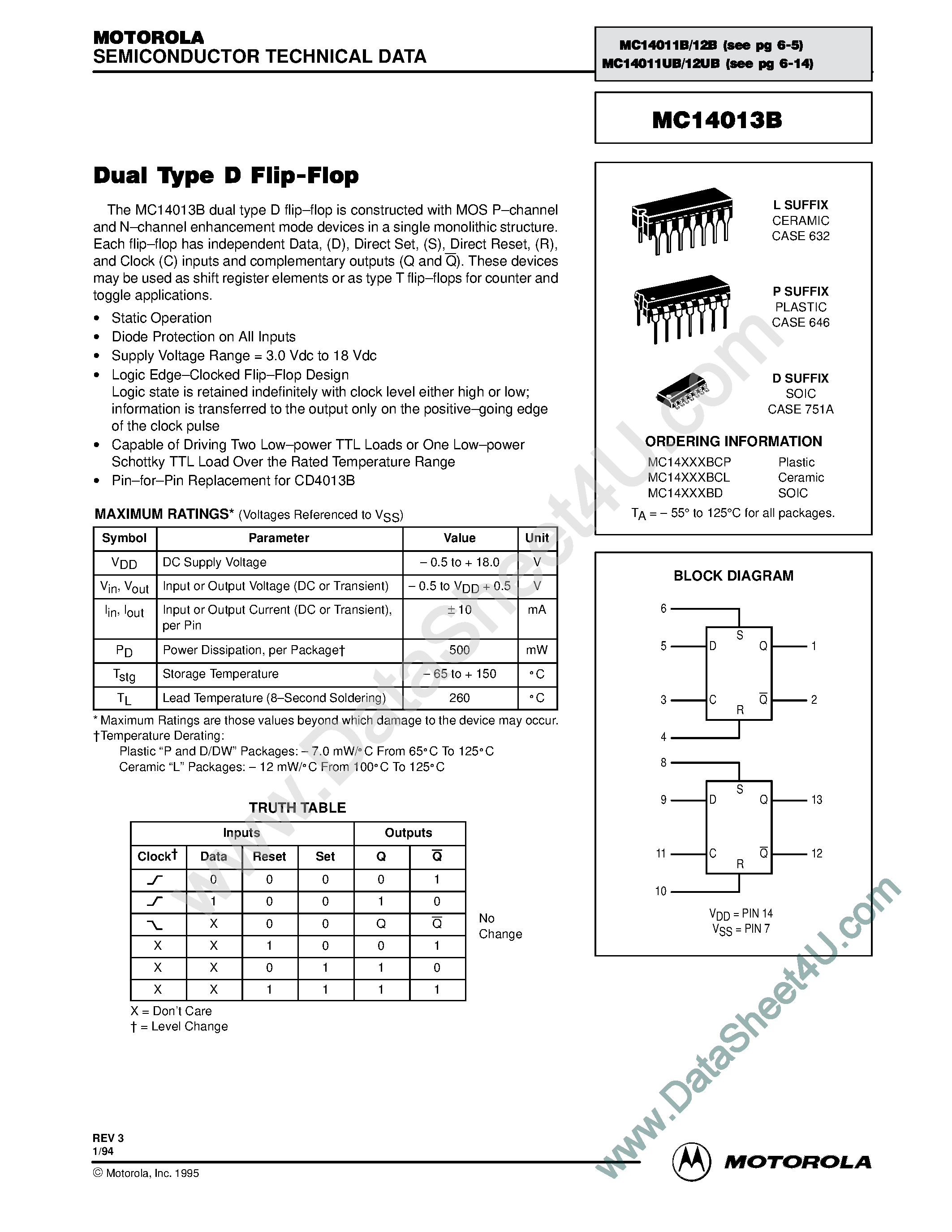 Даташит MC14013B - Dual Type D Flip-Flop страница 1