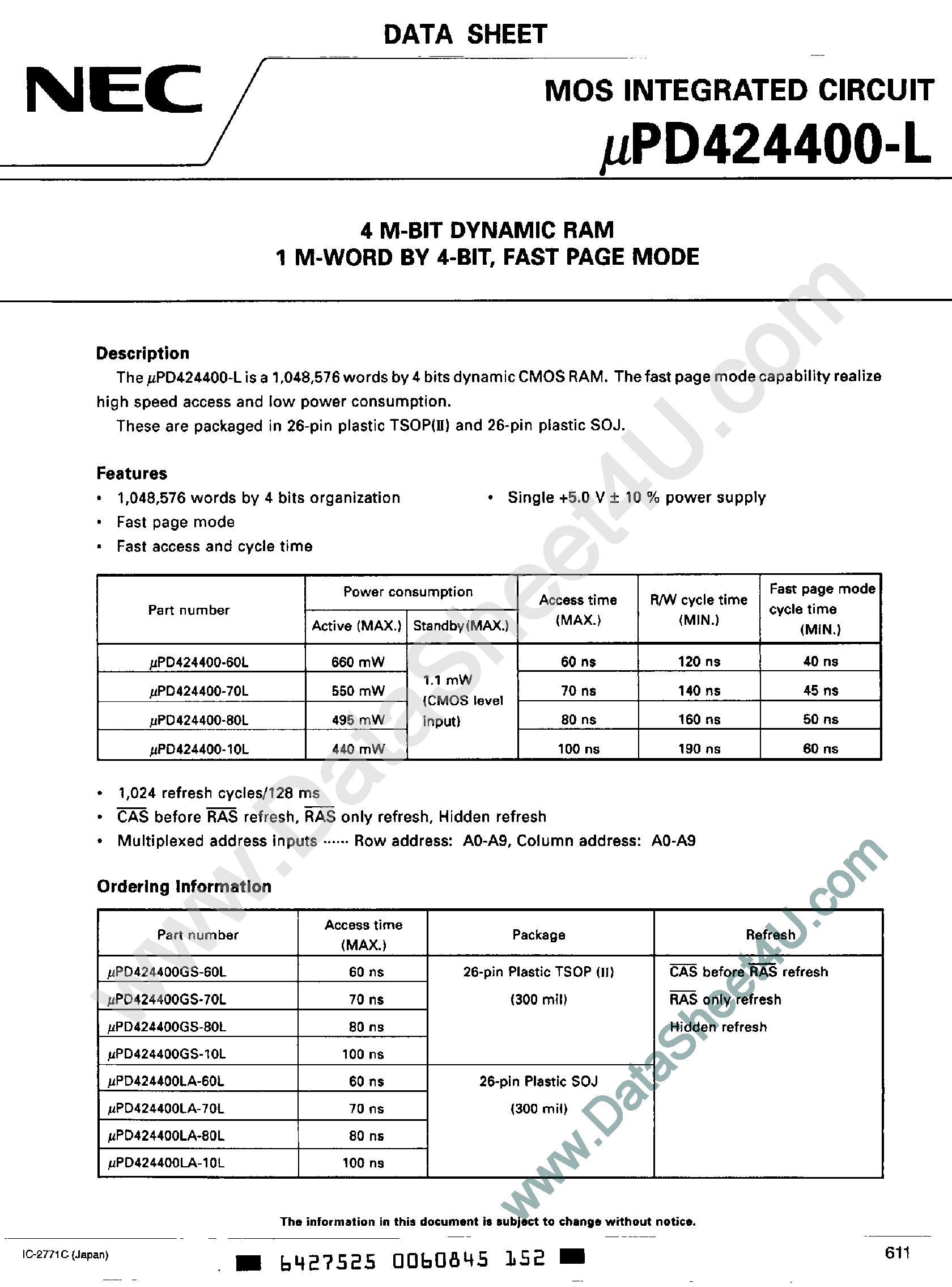 Datasheet UPD424400-L - 4M-Bit DRAM page 1