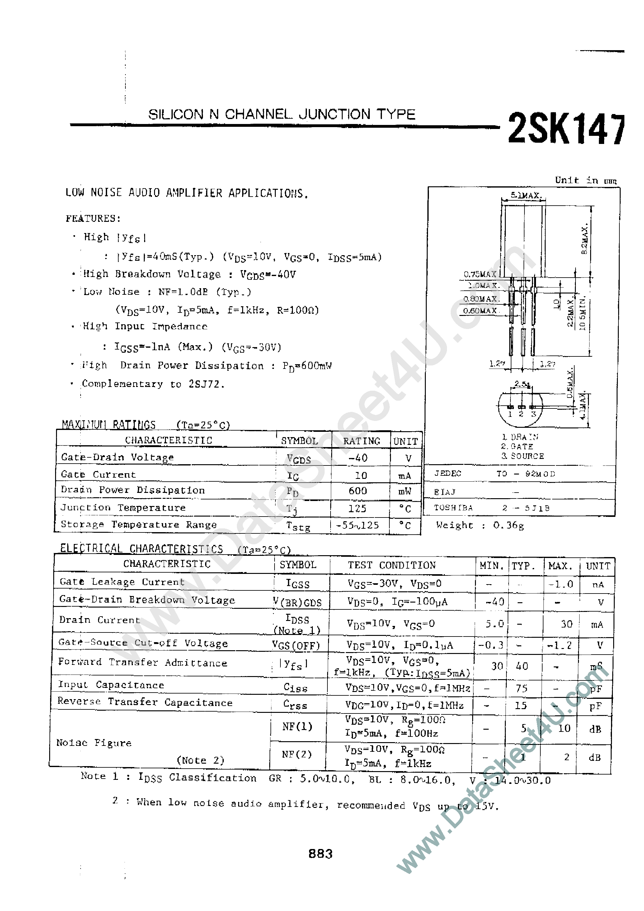 Datasheet 2SK147 - Low Noise Audio Amplifier Applications page 1