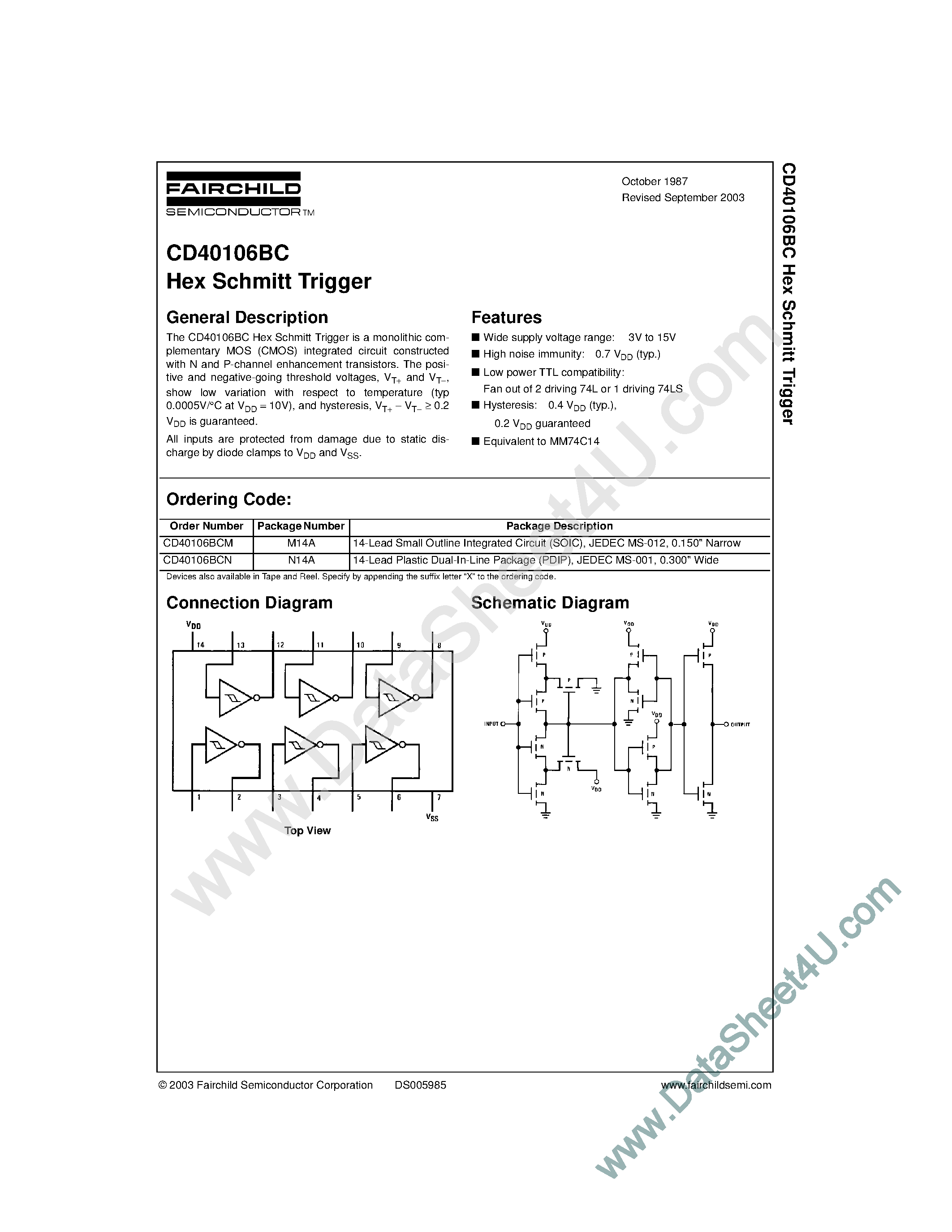 Datasheet CD40106BC - Hex Schmitt Trigger page 1