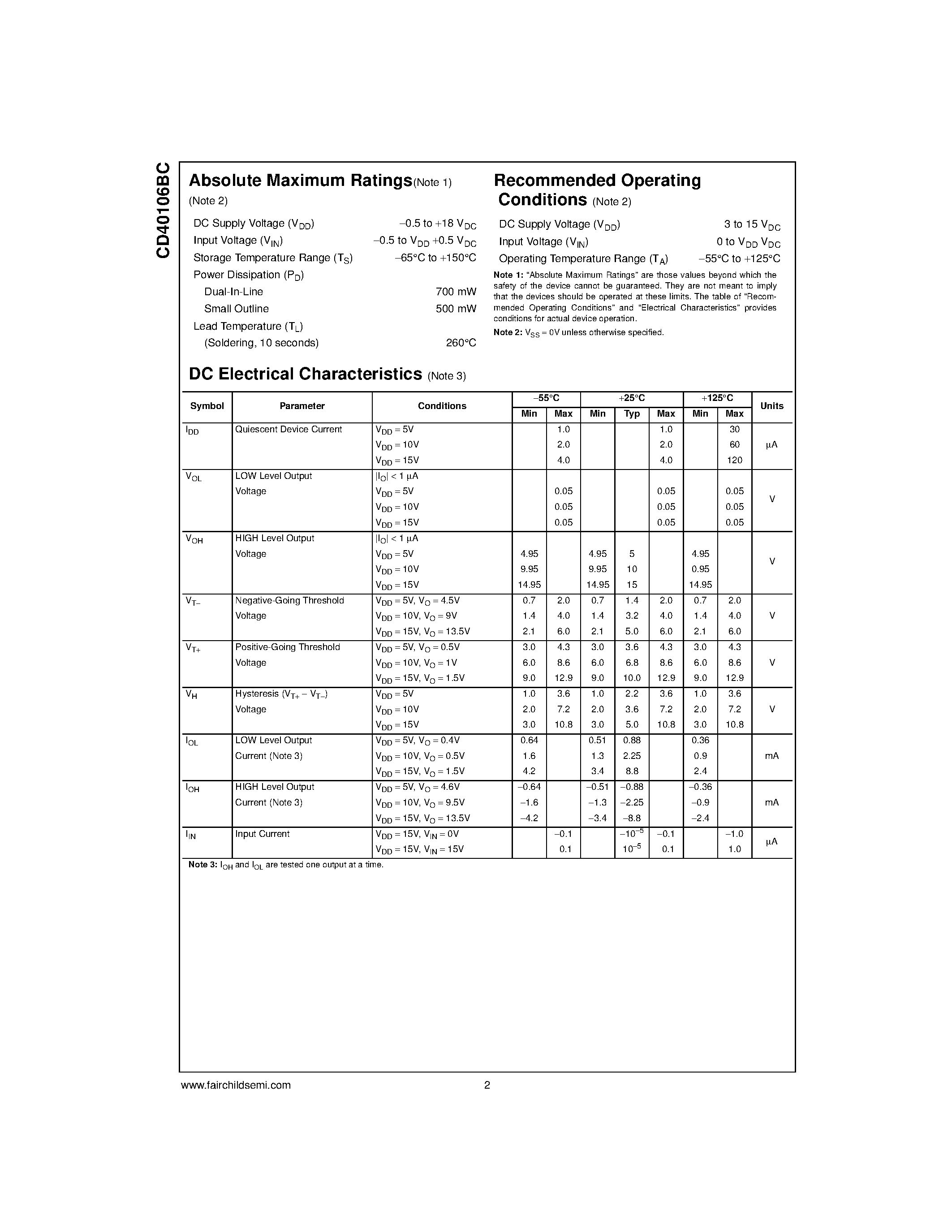 Datasheet CD40106BC - Hex Schmitt Trigger page 2