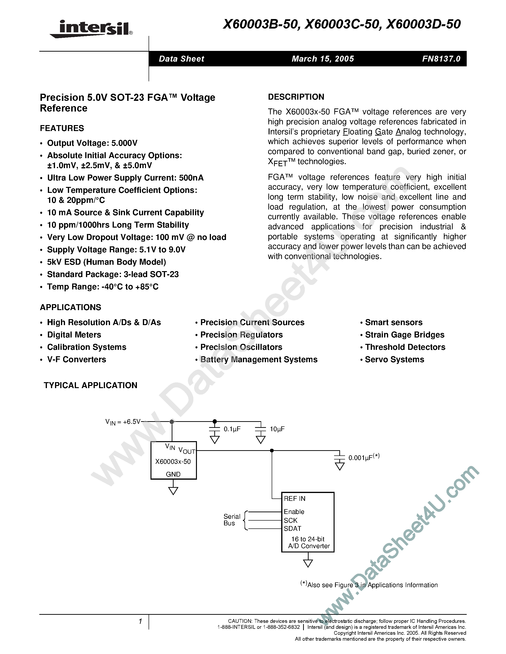 Datasheet X60003B-50 - (X60003x-50) Precision 5.0V SOT-23 FGA Voltage Reference page 1