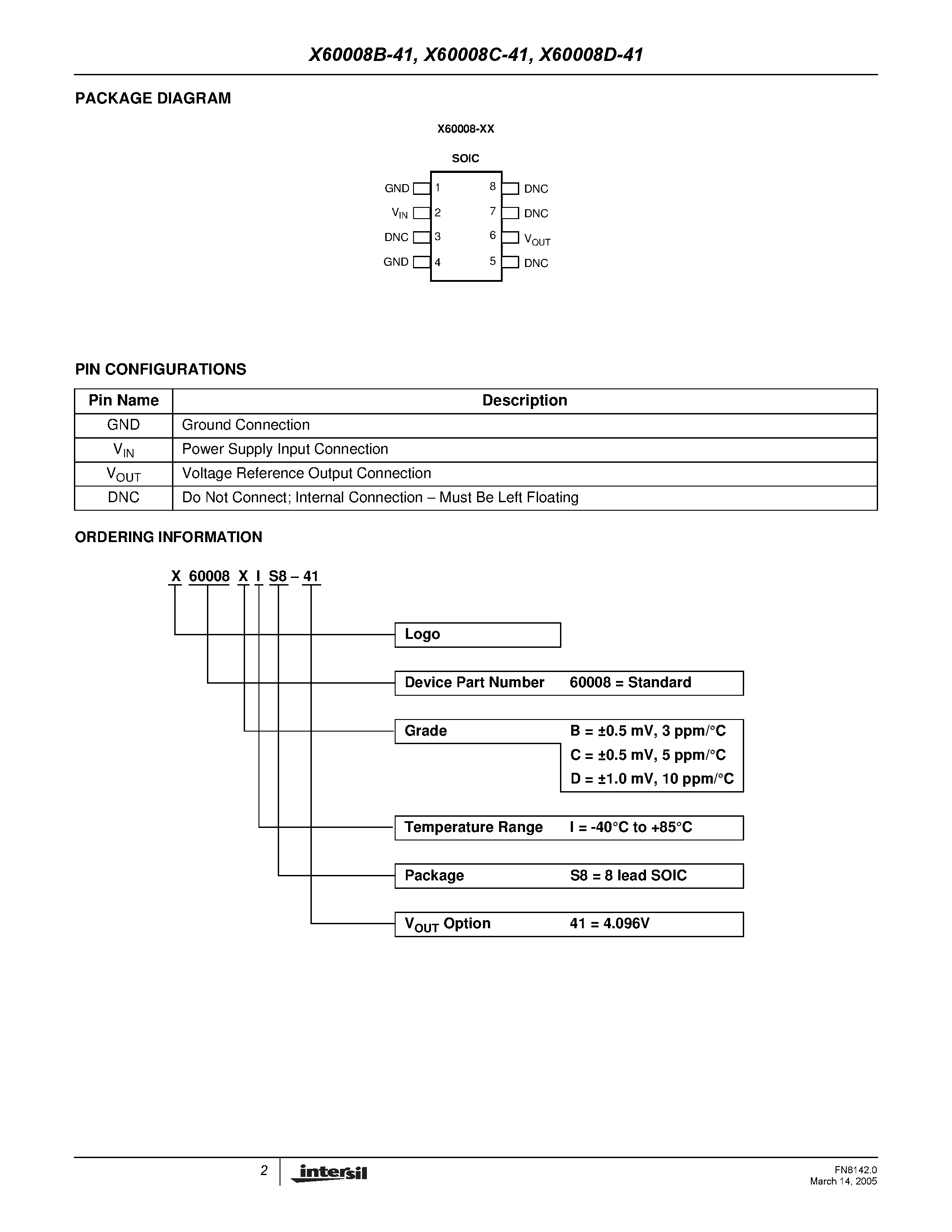 Datasheet X60008B-41 - (X60008x-41) Precison 4.096V FGA Voltage Reference page 2