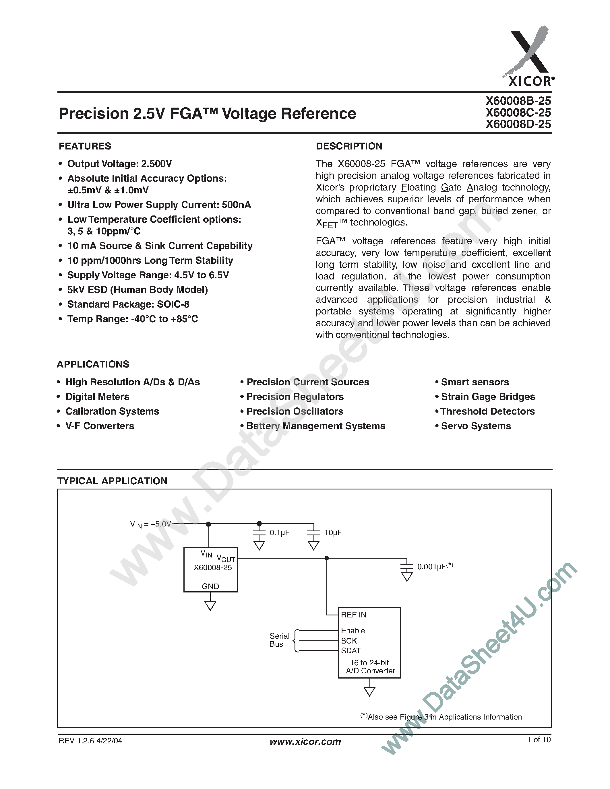 Даташит X60008B-25 - (X60008x-25) Precison 2.5V FGA Voltage Reference страница 1