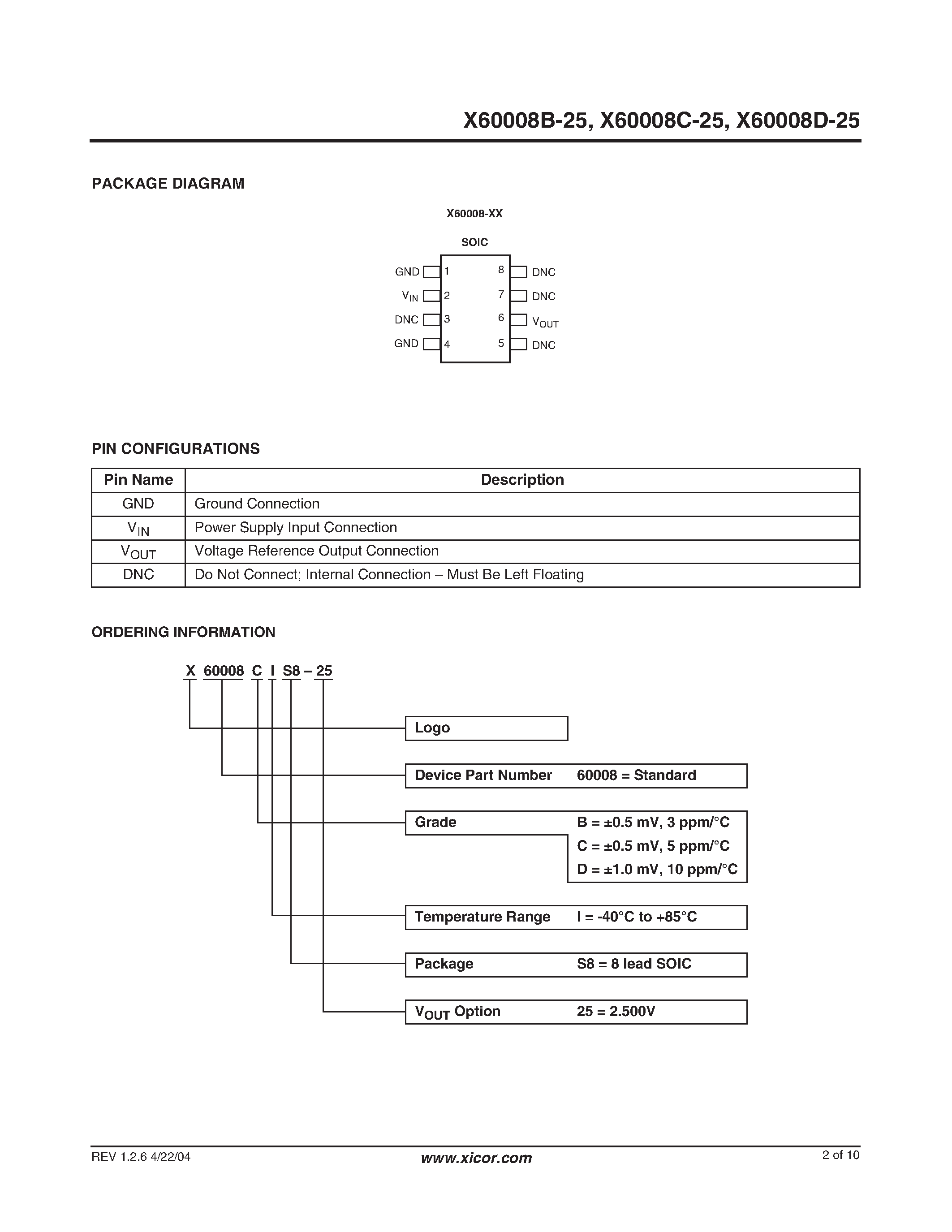 Даташит X60008B-25 - (X60008x-25) Precison 2.5V FGA Voltage Reference страница 2