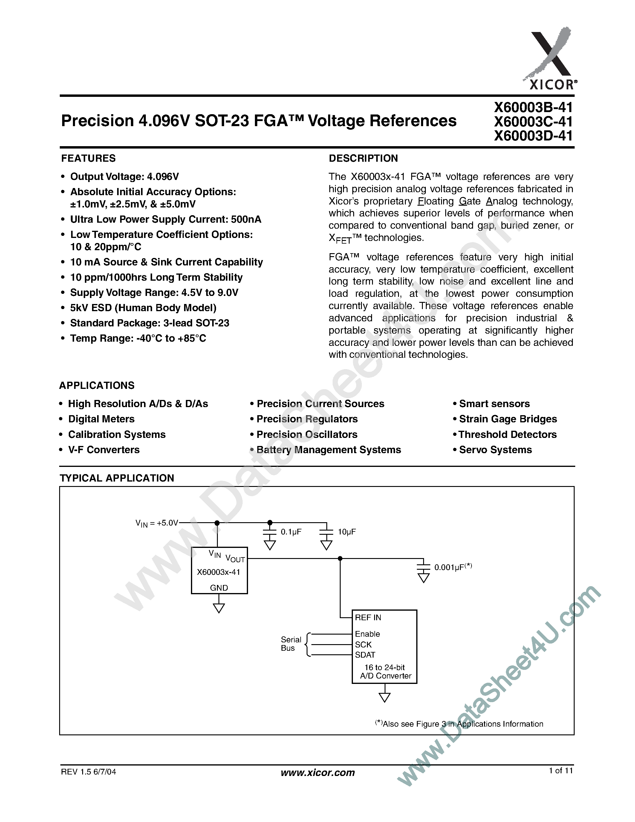 Datasheet X60003B-41 - (X60003x-41) Precison 4.096V FGA Voltage Reference page 1